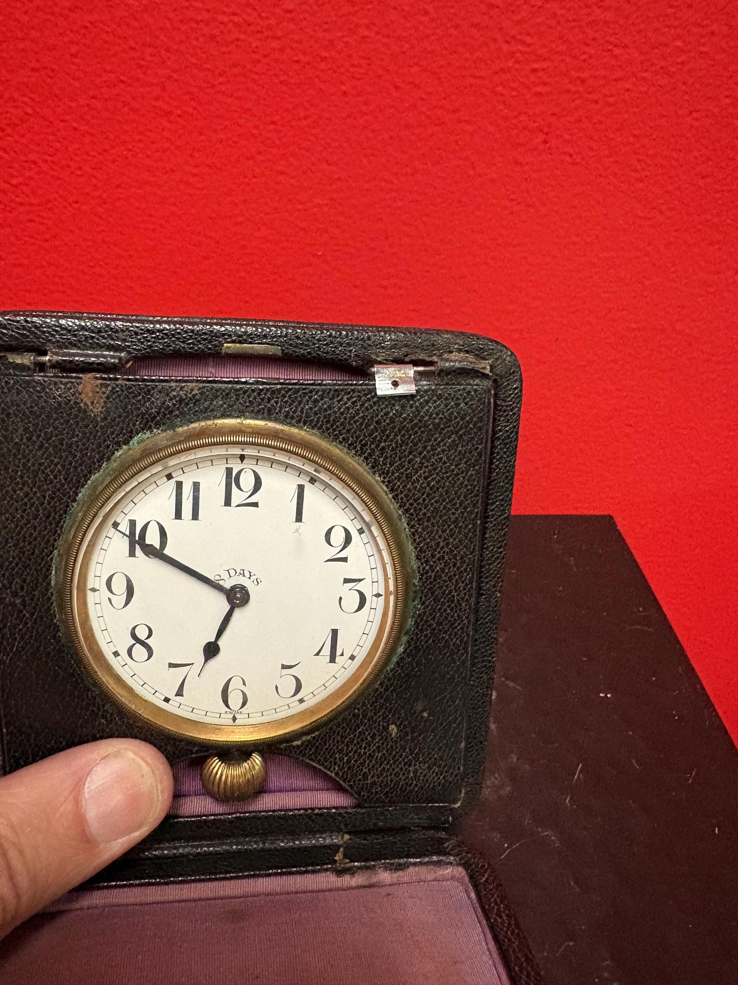 Beautiful antique English eight day watch in leather case  case as is  watch seems to work  final sale