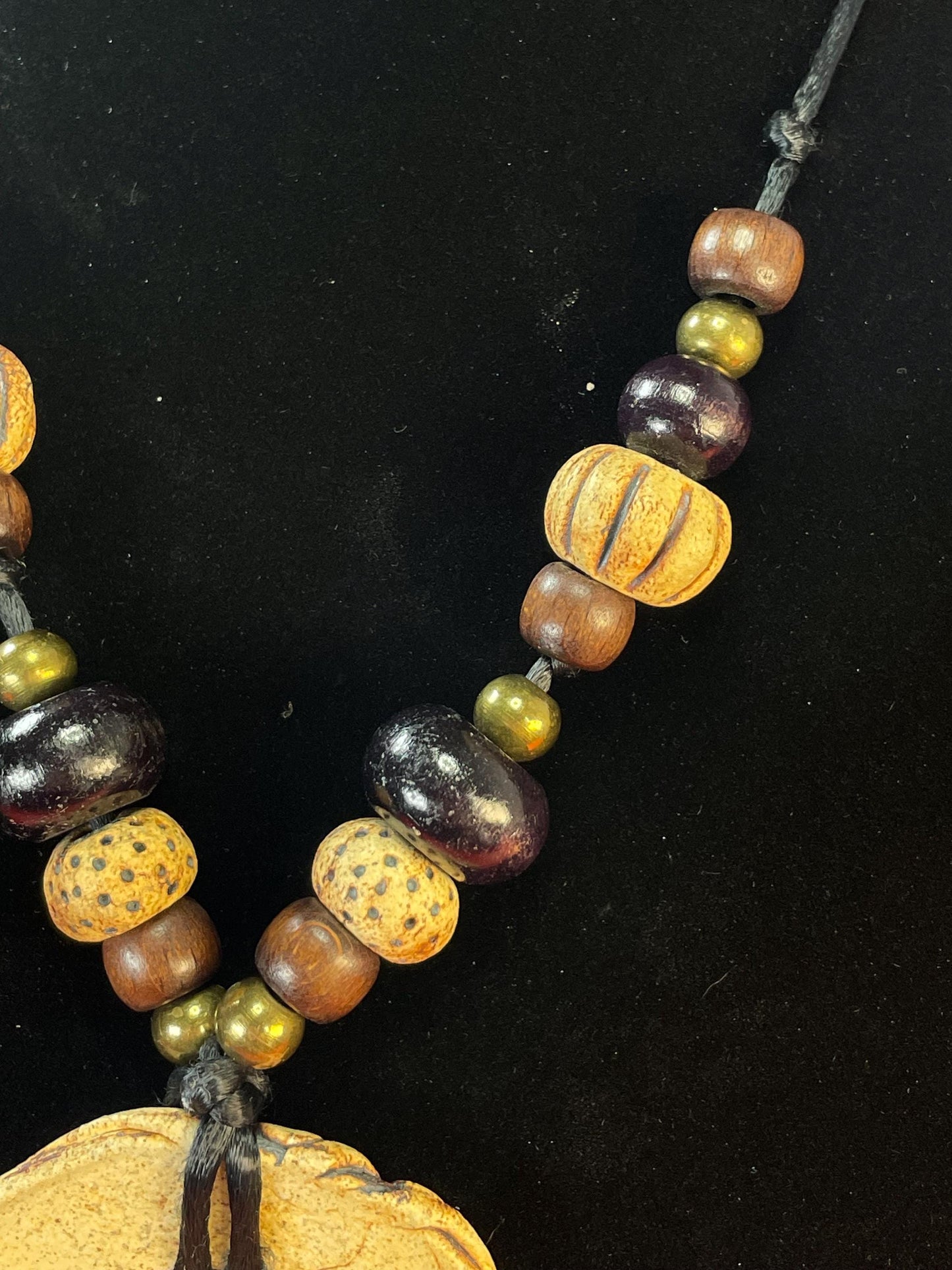 Handcrafted Pottery Pendant Necklace with Wood Beads