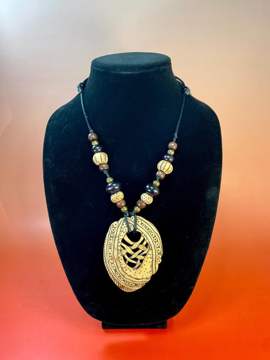 Handcrafted Pottery Pendant Necklace with Wood Beads