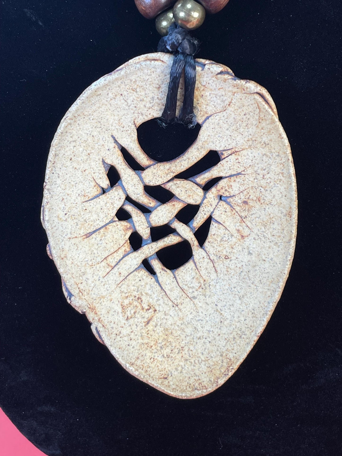 Handcrafted Pottery Pendant Necklace with Wood Beads