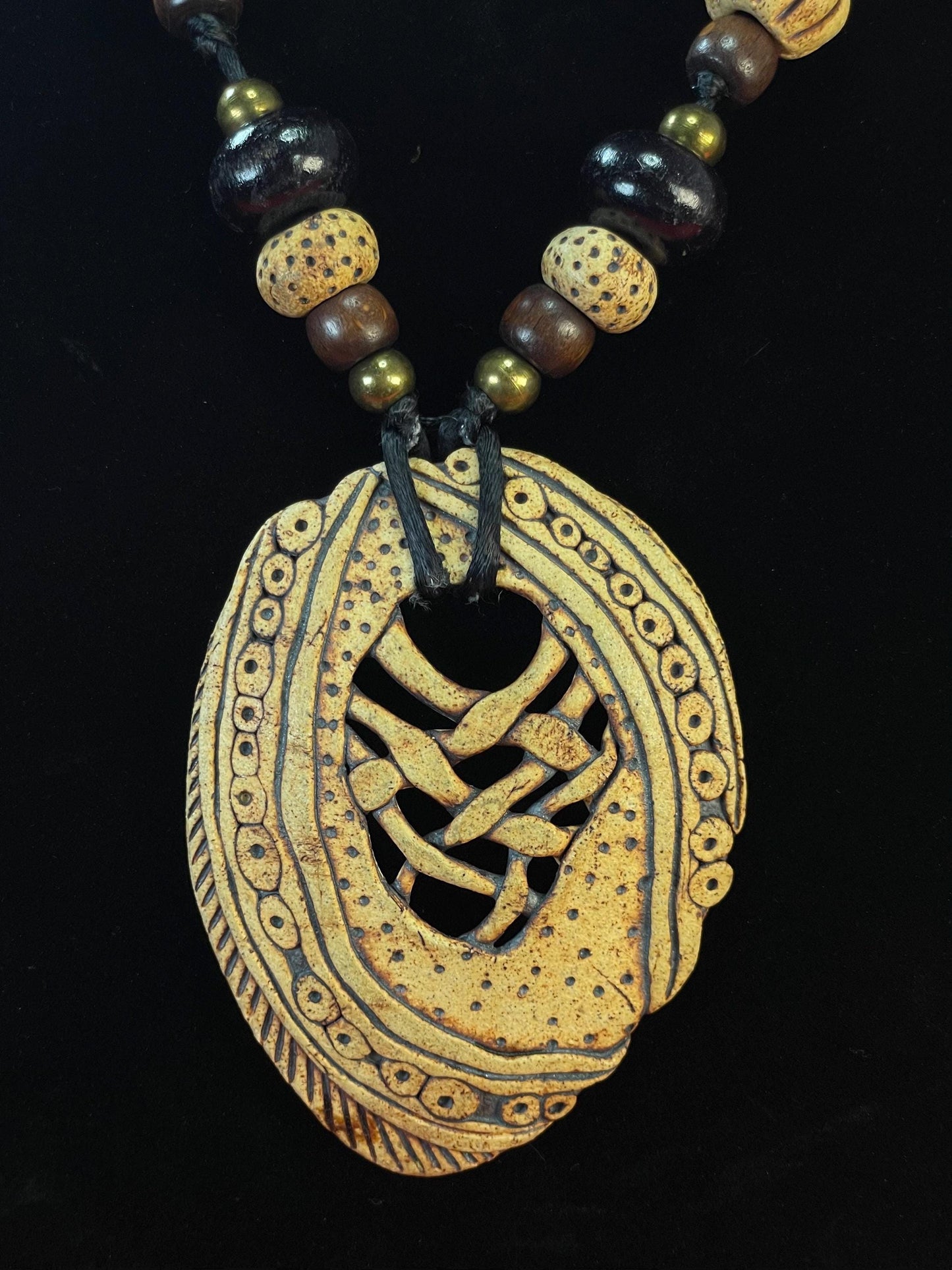 Handcrafted Pottery Pendant Necklace with Wood Beads