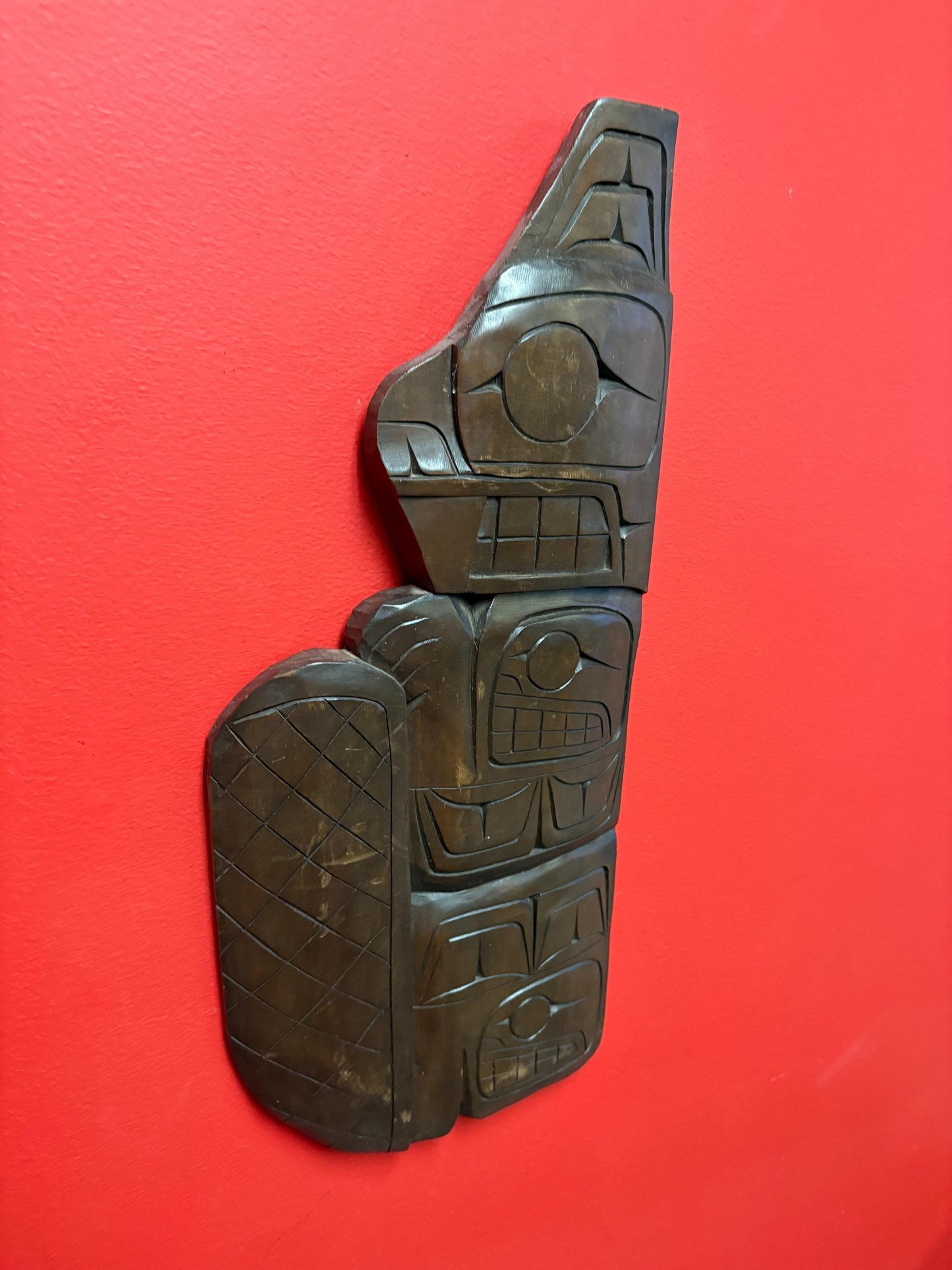 Lovely 19 inch tall signed indigenous first nations Pacific Northwest Cedar transformation plaque  RS