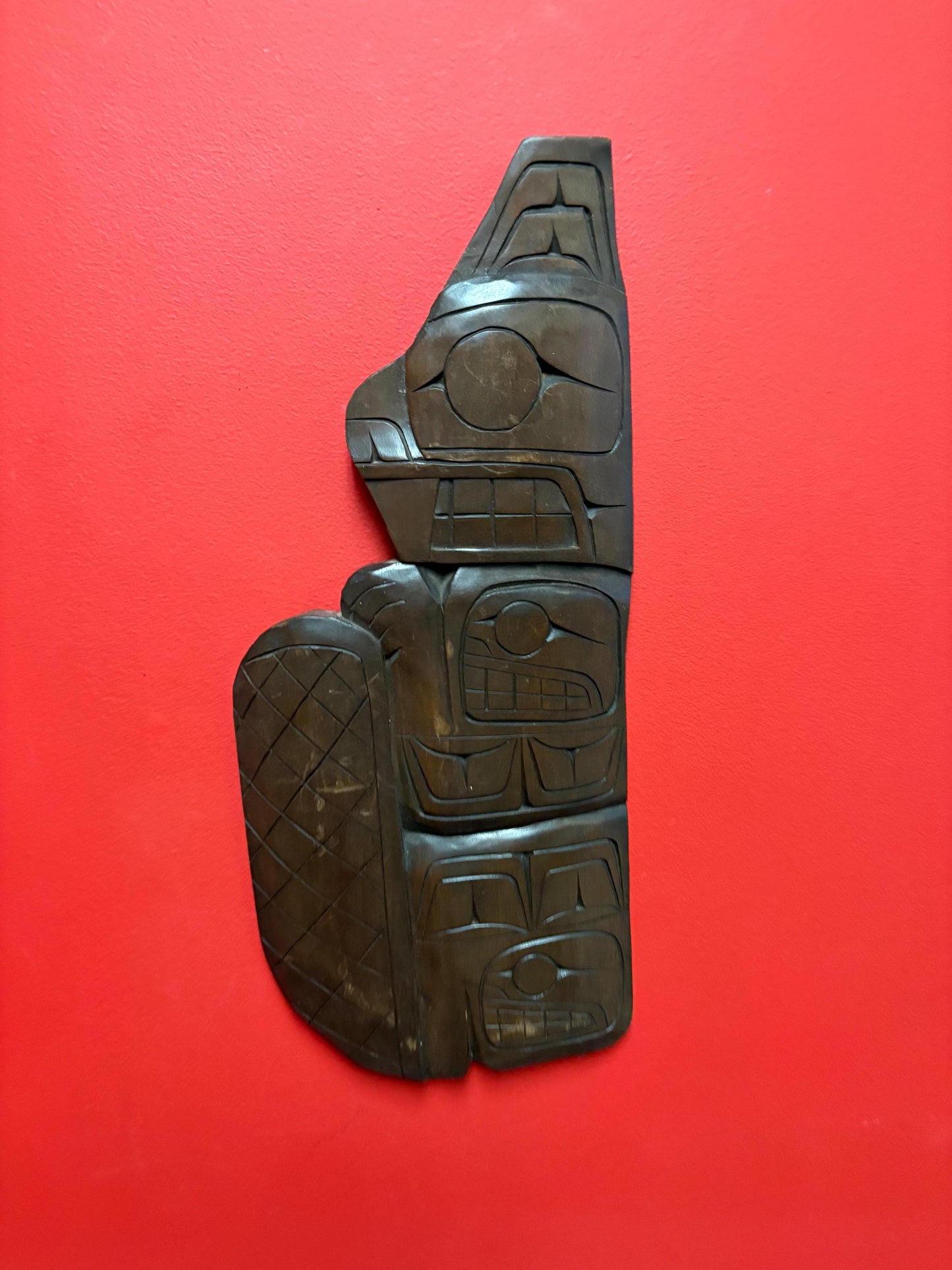 Lovely 19 inch tall signed indigenous first nations Pacific Northwest Cedar transformation plaque  RS