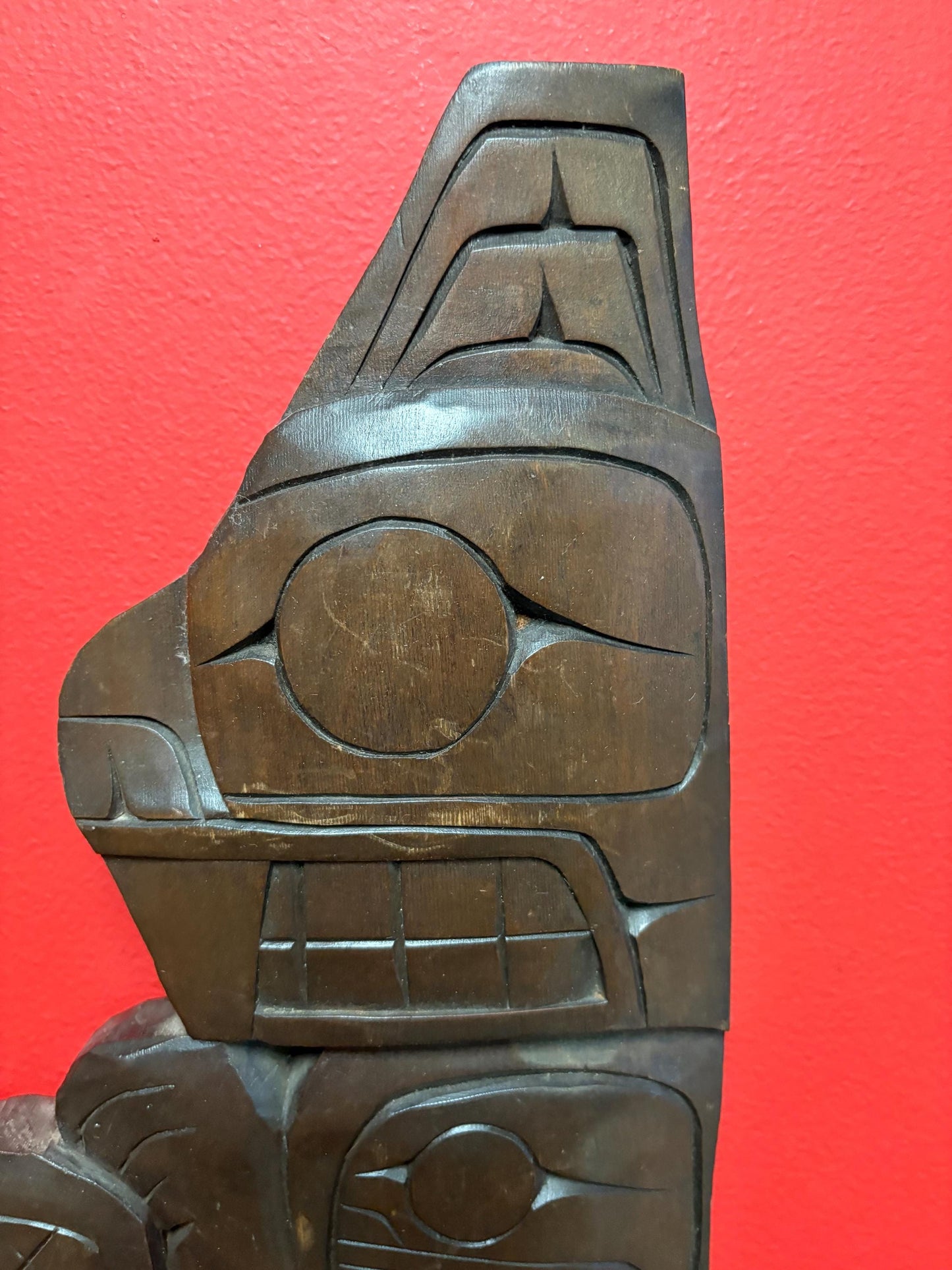 Lovely 19 inch tall signed indigenous first nations Pacific Northwest Cedar transformation plaque  RS