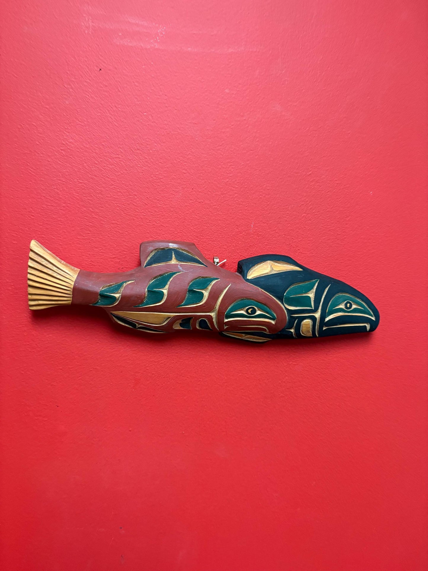 High-quality 15 x 4 indigenous first nations Pacific Northwest Coast signed double salmon plaque cedar beauty  great gft  -RS