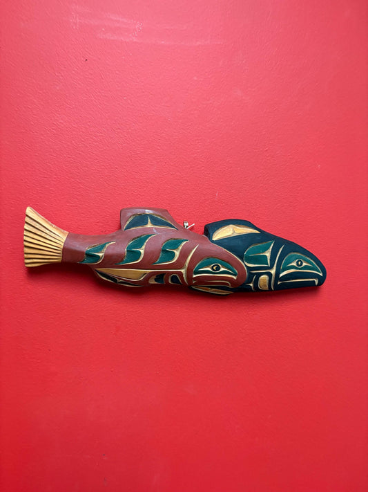 High-quality 15 x 4 indigenous first nations Pacific Northwest Coast signed double salmon plaque cedar beauty  great gft  -RS