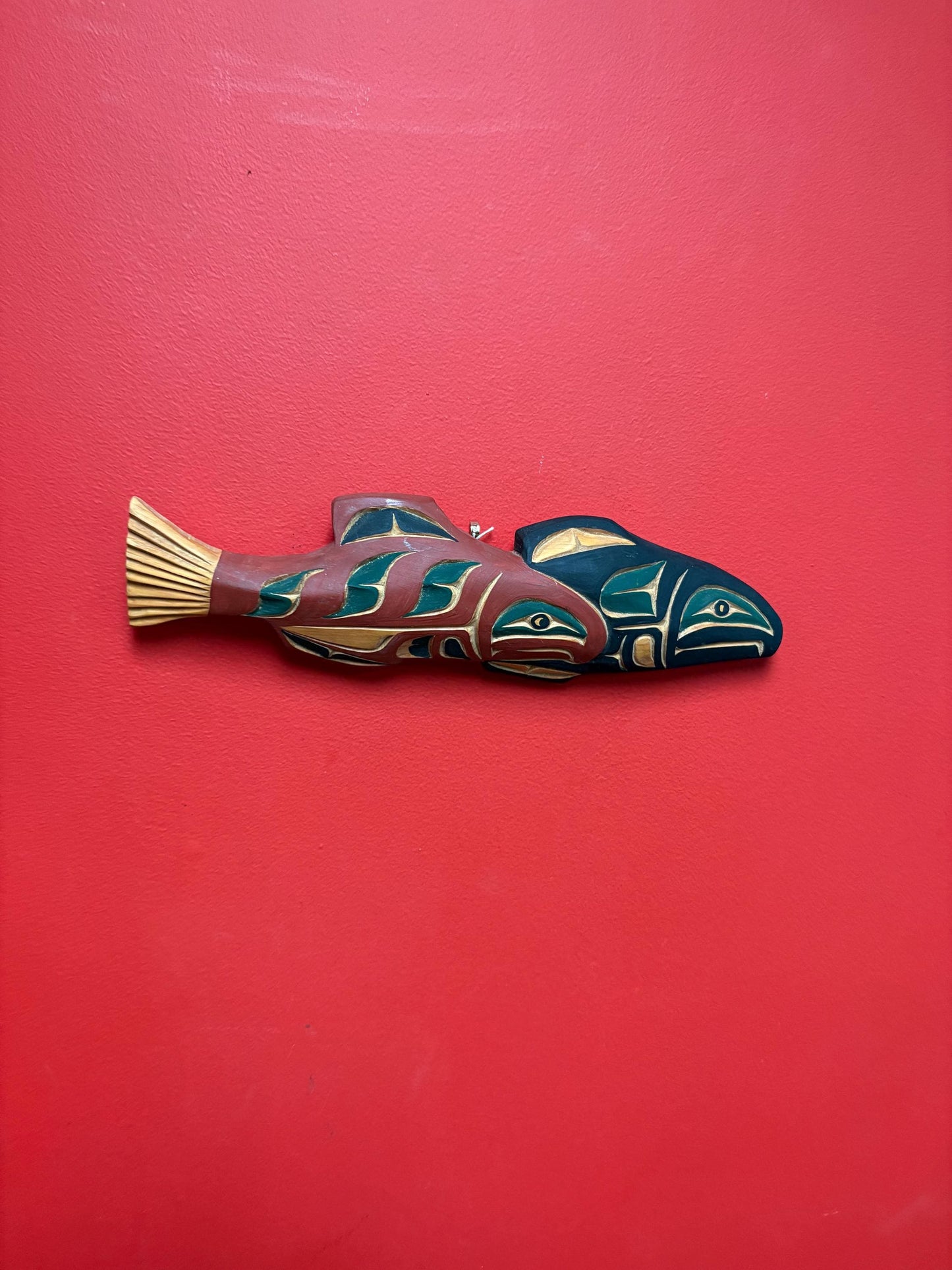 High-quality 15 x 4 indigenous first nations Pacific Northwest Coast signed double salmon plaque cedar beauty  great gft  -RS