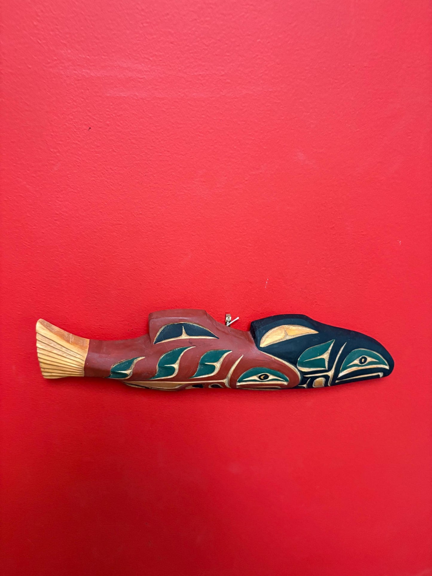 High-quality 15 x 4 indigenous first nations Pacific Northwest Coast signed double salmon plaque cedar beauty  great gft  -RS