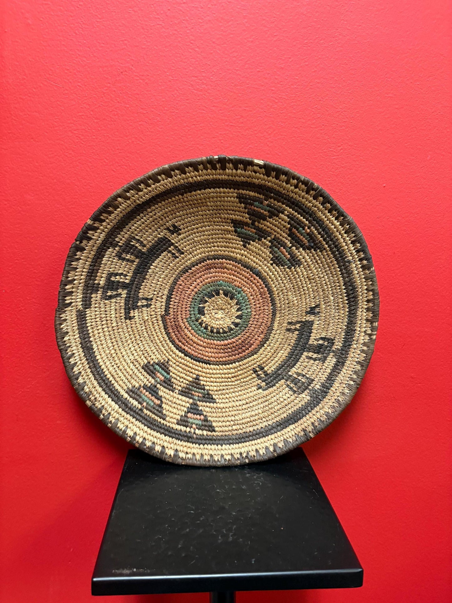 Very rare antique Navajo weaved basket bowl in amazing condition  great imagery  12 inches across