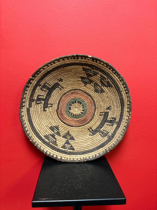 Very rare antique Navajo weaved basket bowl in amazing condition  great imagery  12 inches across