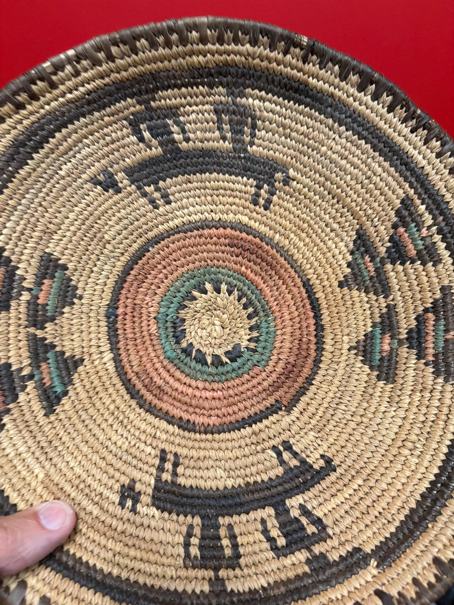 Very rare antique Navajo weaved basket bowl in amazing condition  great imagery  12 inches across