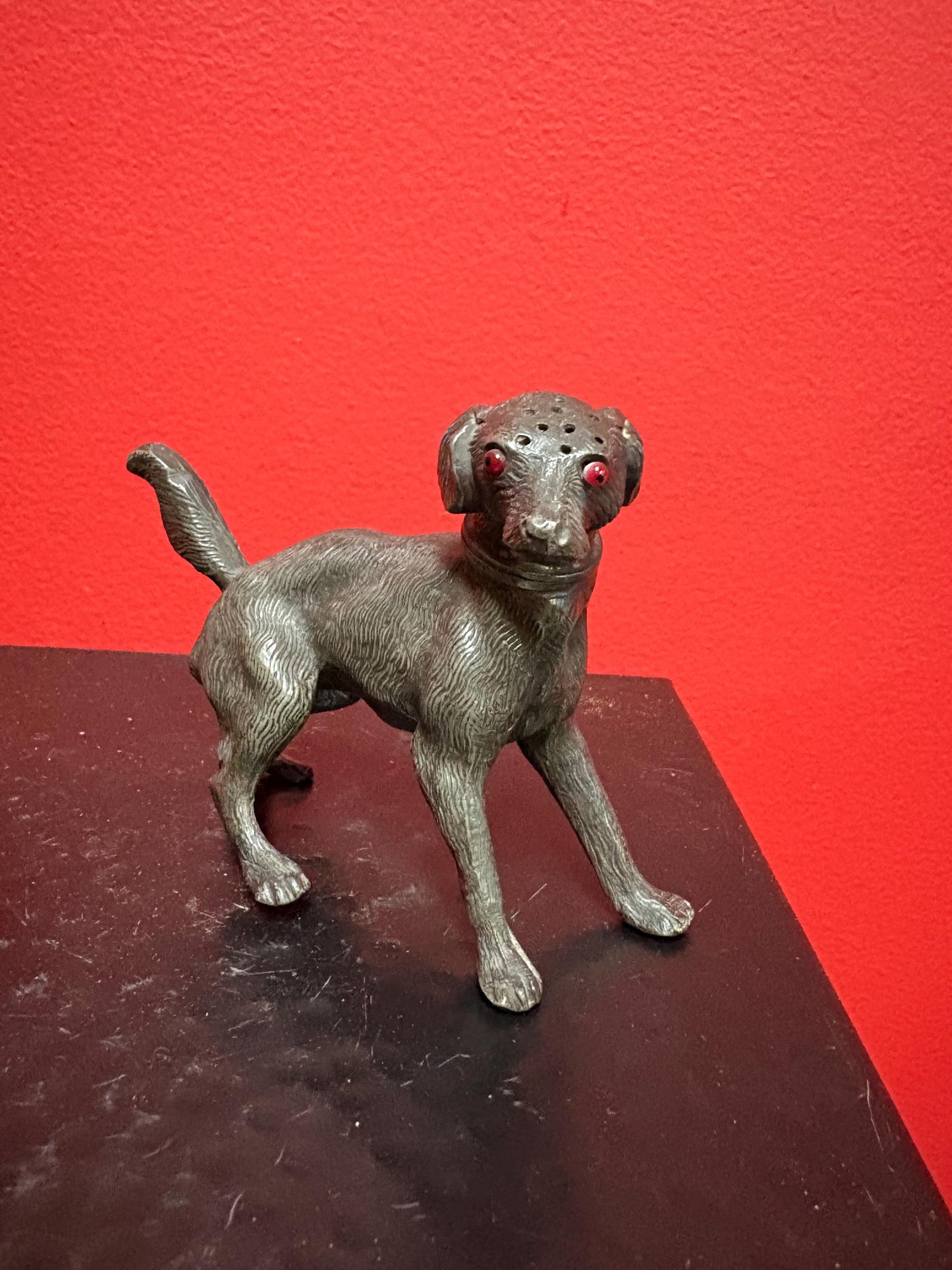 Lovely antique English pewter dog salt and pepper  4 x 3 high  lovely glass eyes  wonderful condition  perfect gift- B