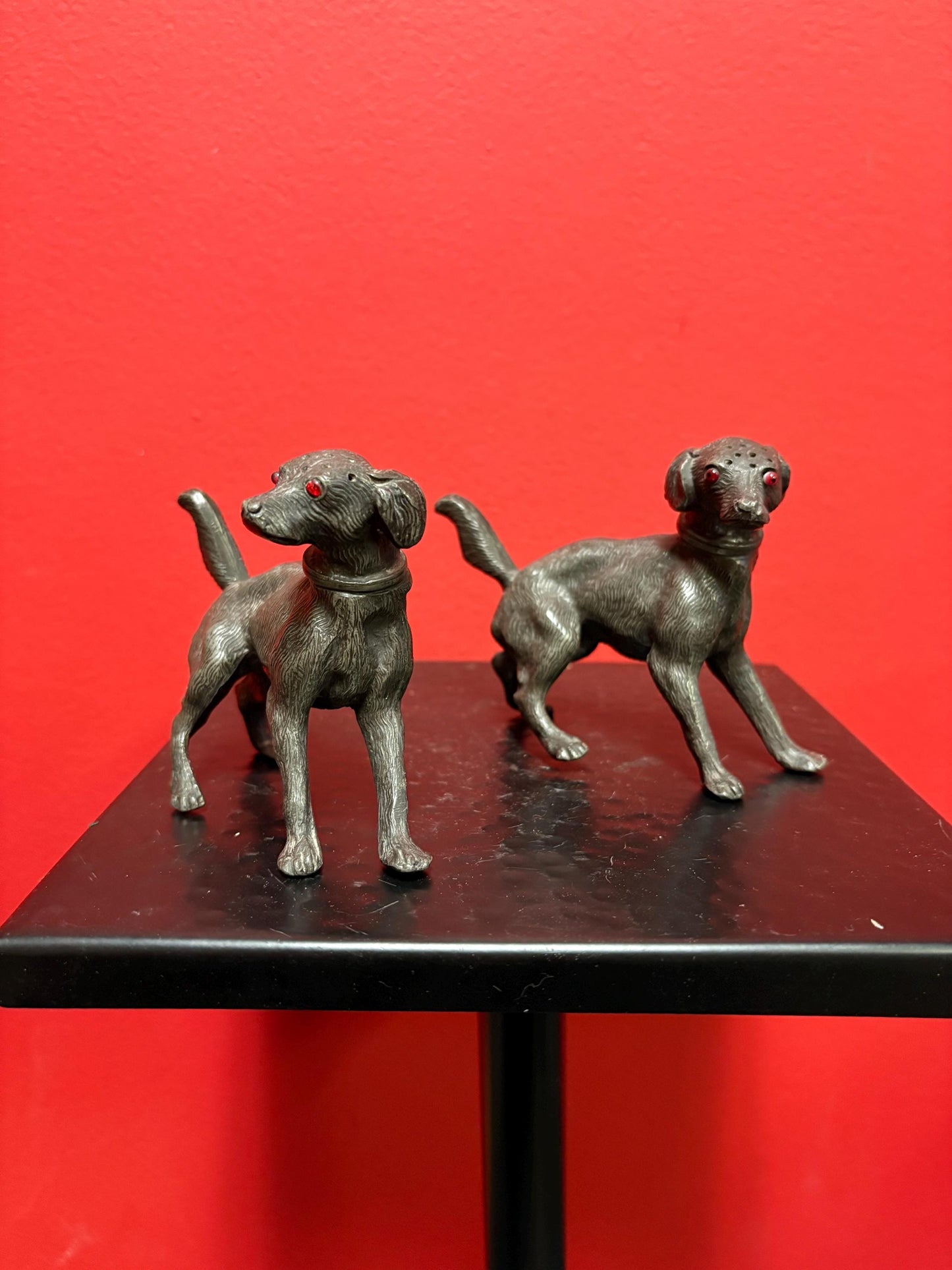 Lovely antique English pewter dog salt and pepper  4 x 3 high  lovely glass eyes  wonderful condition  perfect gift- B