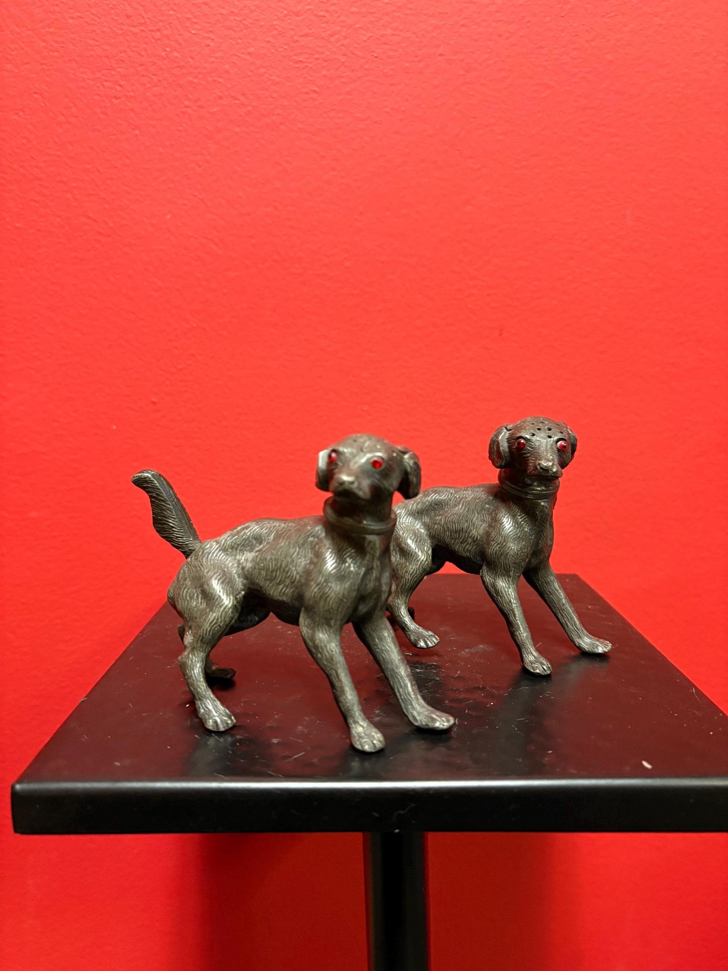 Lovely antique English pewter dog salt and pepper  4 x 3 high  lovely glass eyes  wonderful condition  perfect gift- B