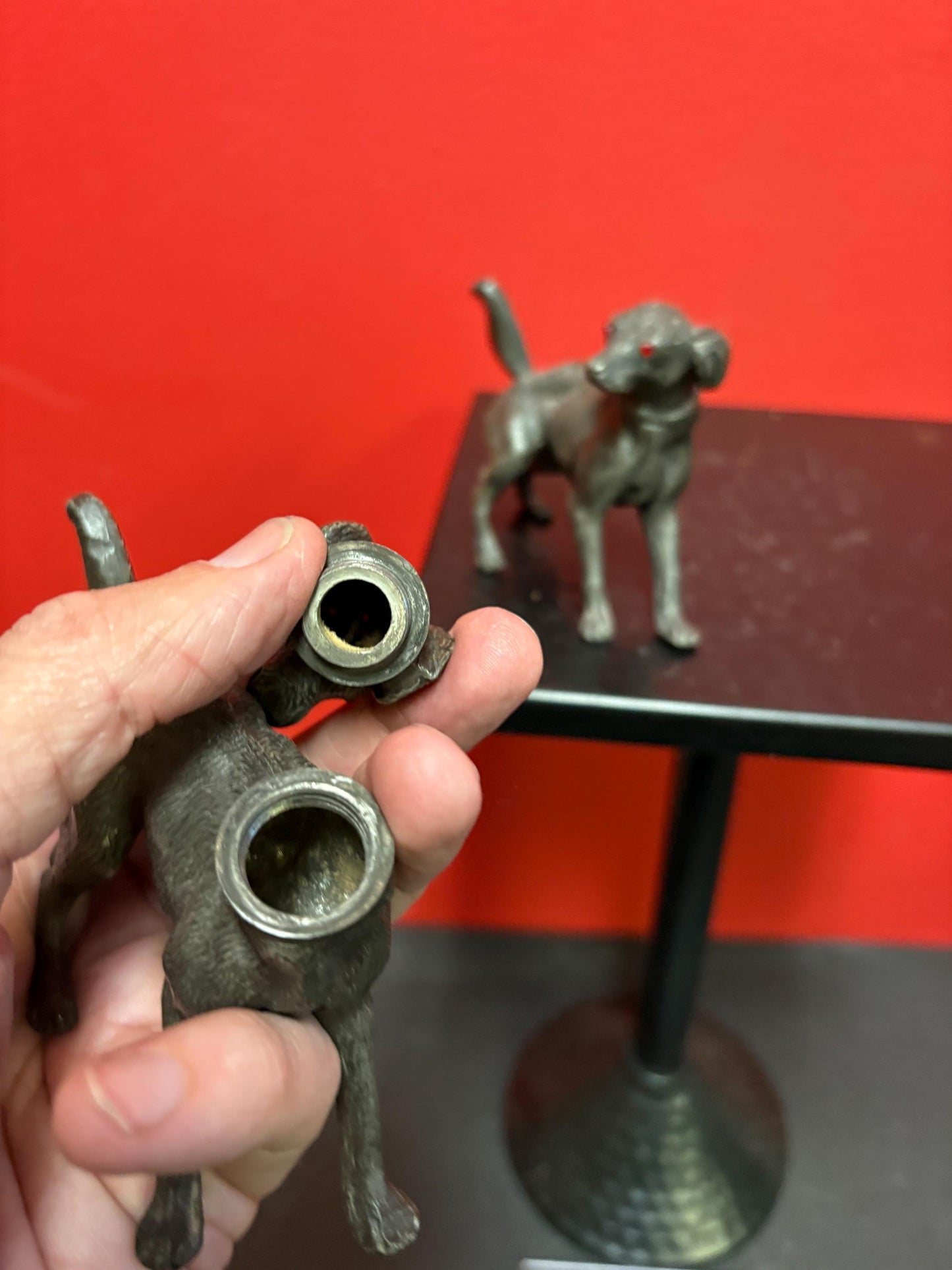 Lovely antique English pewter dog salt and pepper  4 x 3 high  lovely glass eyes  wonderful condition  perfect gift- B