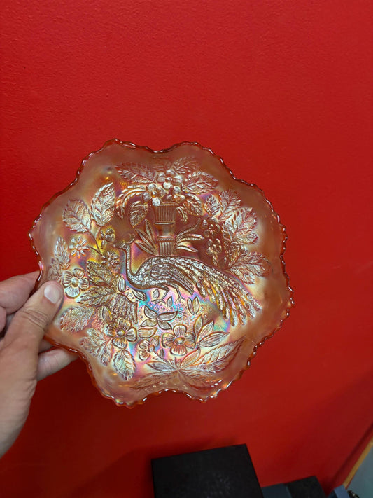 Lovely antique 9 inch wide carnival glass peacock at the fountain bowl with ruffle edges - great value and perfect condition- B