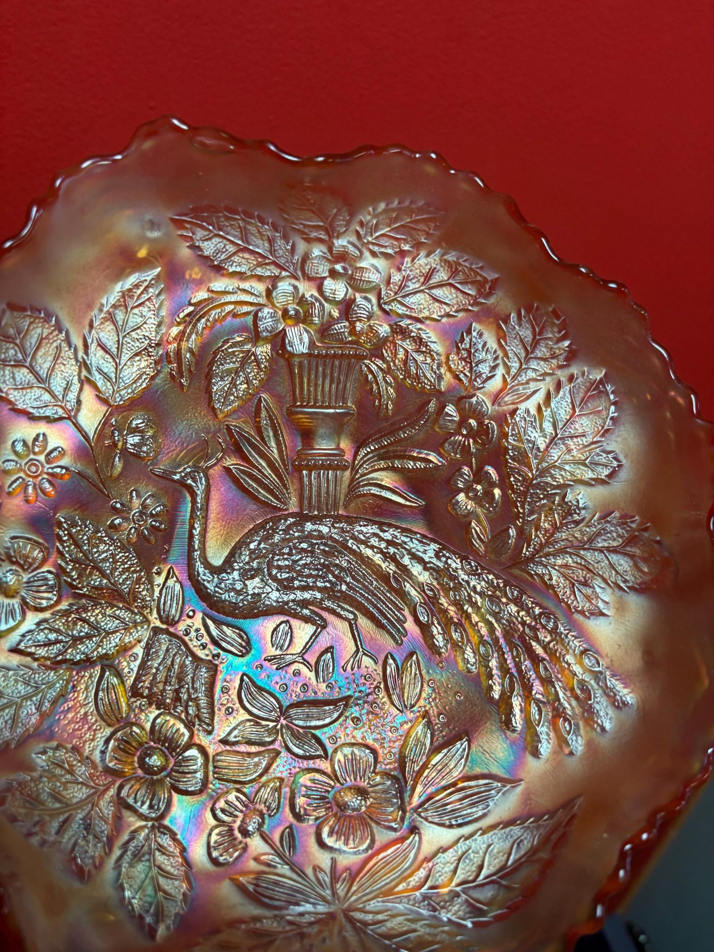 Lovely antique 9 inch wide carnival glass peacock at the fountain bowl with ruffle edges - great value and perfect condition- B