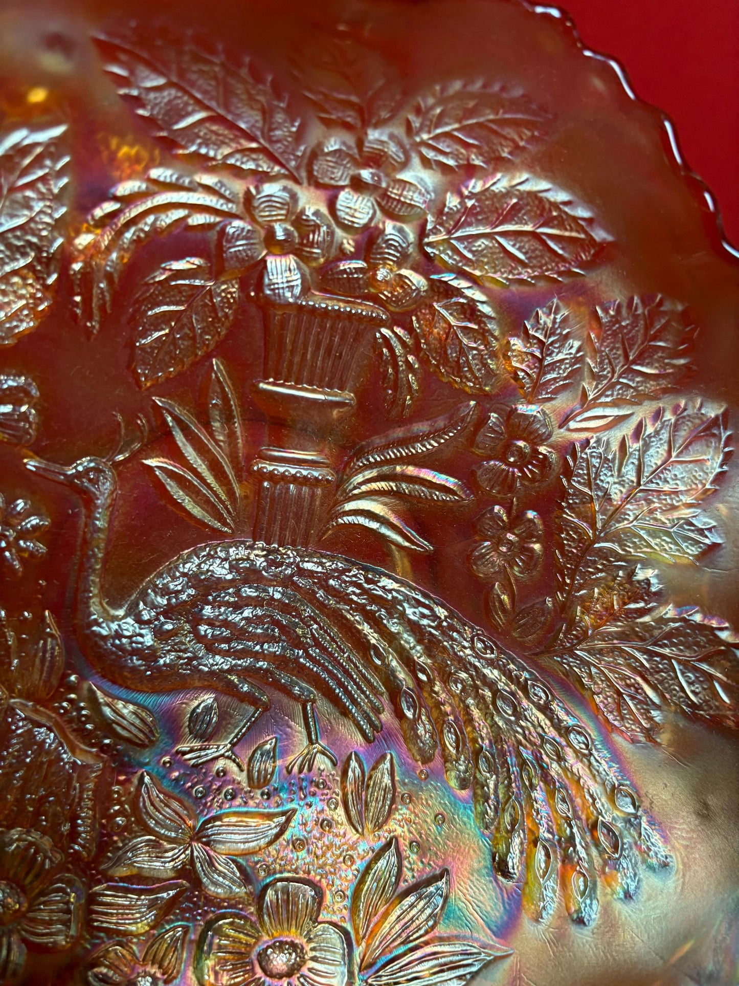 Lovely antique 9 inch wide carnival glass peacock at the fountain bowl with ruffle edges - great value and perfect condition- B