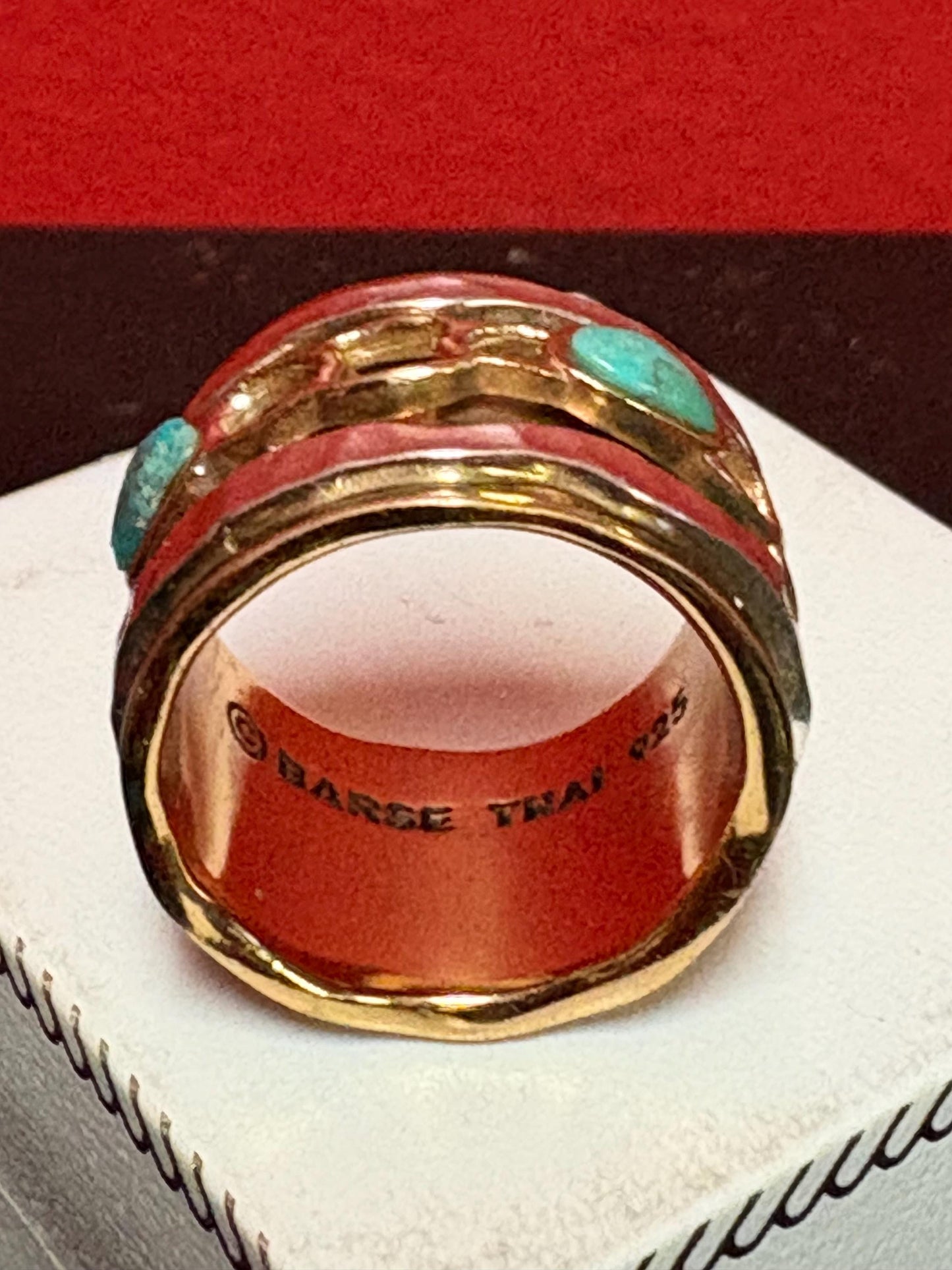 Turquoise 925 sterling and gold gilt ring  signed  size 8.5  really wow  statement piece - men or ladies  - B