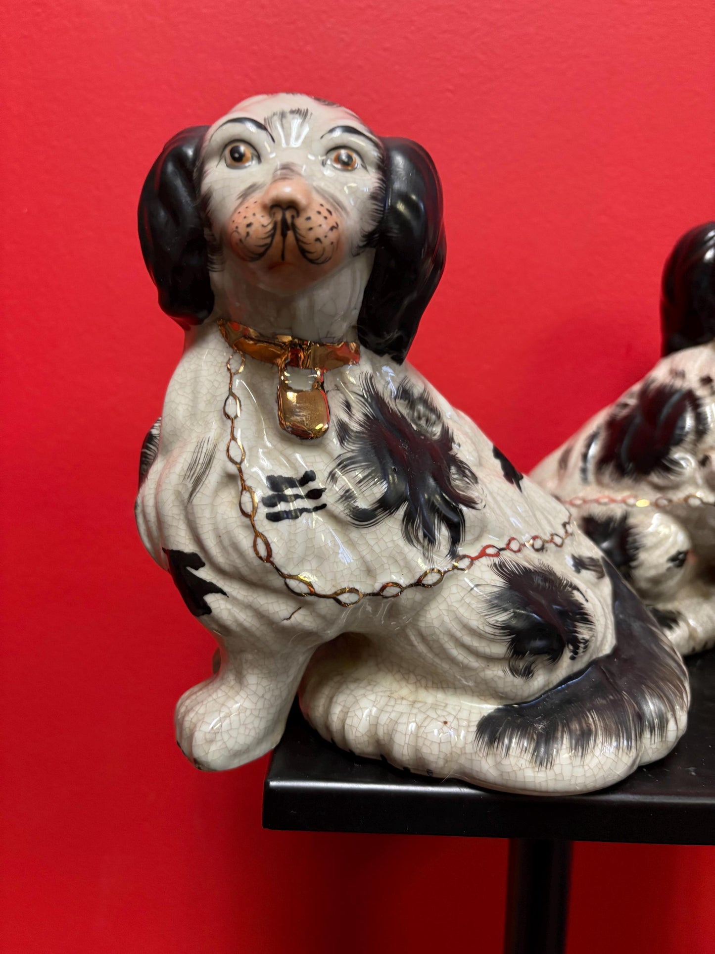 Beautiful 10 inch antique Staffordshire English spaniel dogs in mint condition  lovely subject and unusual  great pair