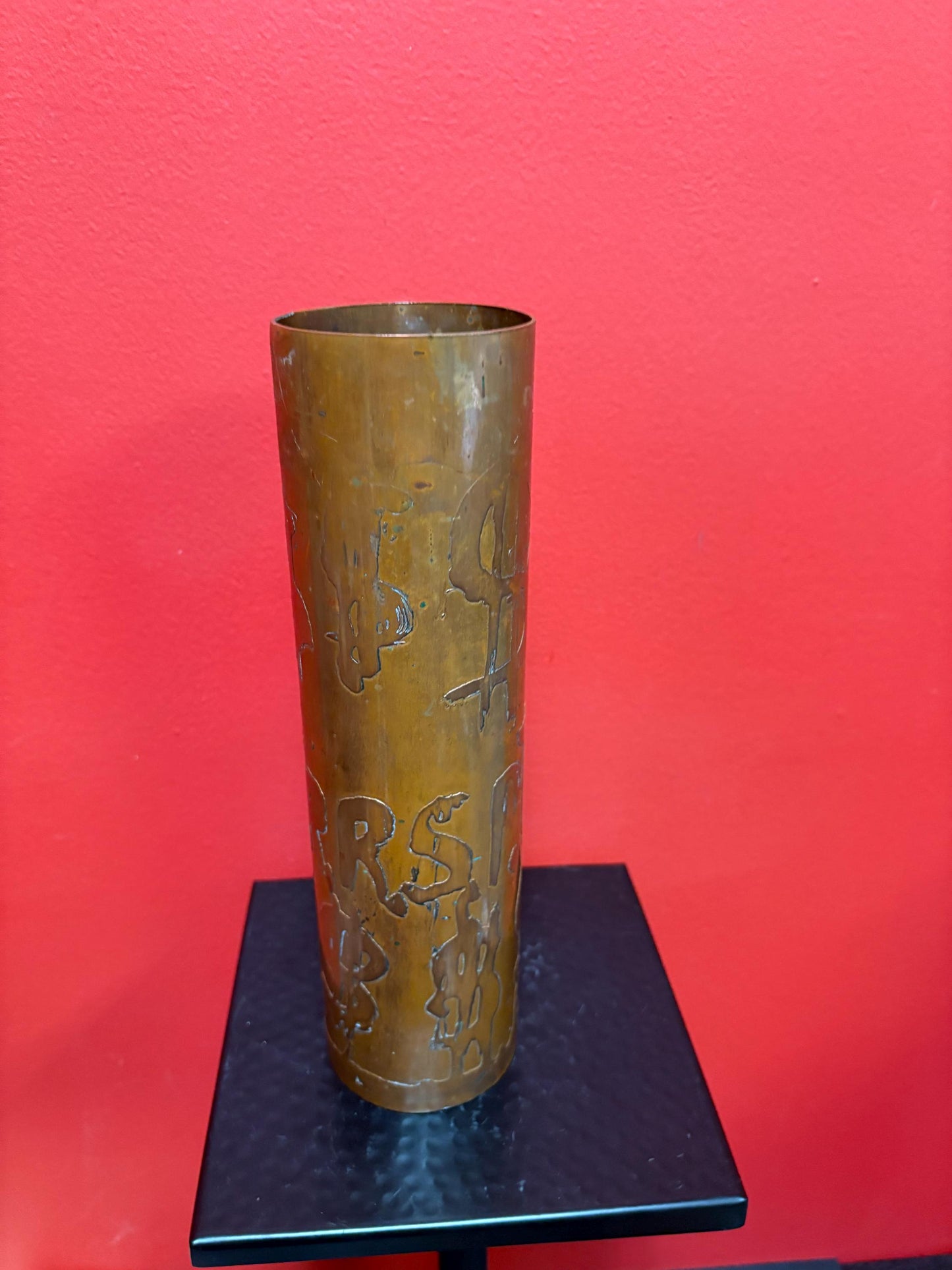 Stunning rare indigenous Vancouver first Nations ADOLF OETTER copper money themed vase  exceptional patina  11 inches tall