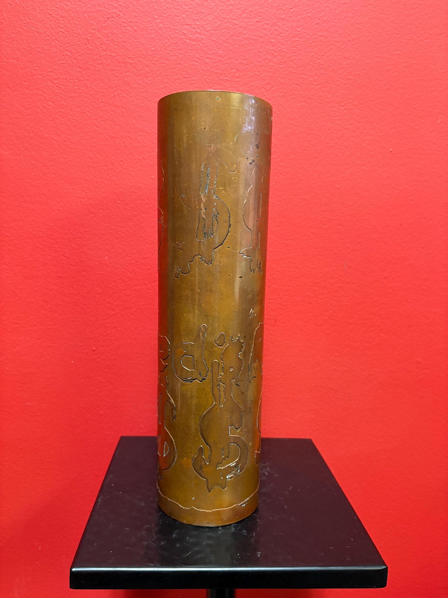 Stunning rare indigenous Vancouver first Nations ADOLF OETTER copper money themed vase  exceptional patina  11 inches tall