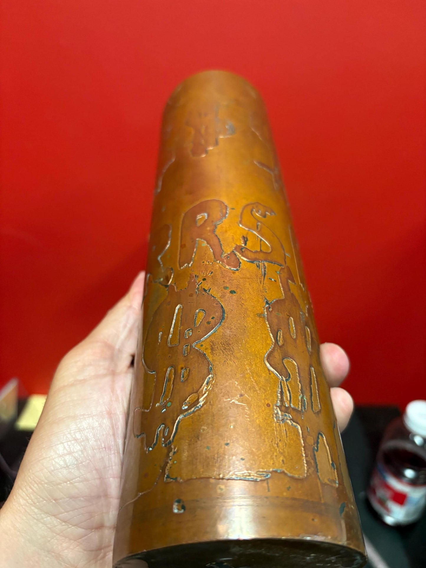 Stunning rare indigenous Vancouver first Nations ADOLF OETTER copper money themed vase  exceptional patina  11 inches tall