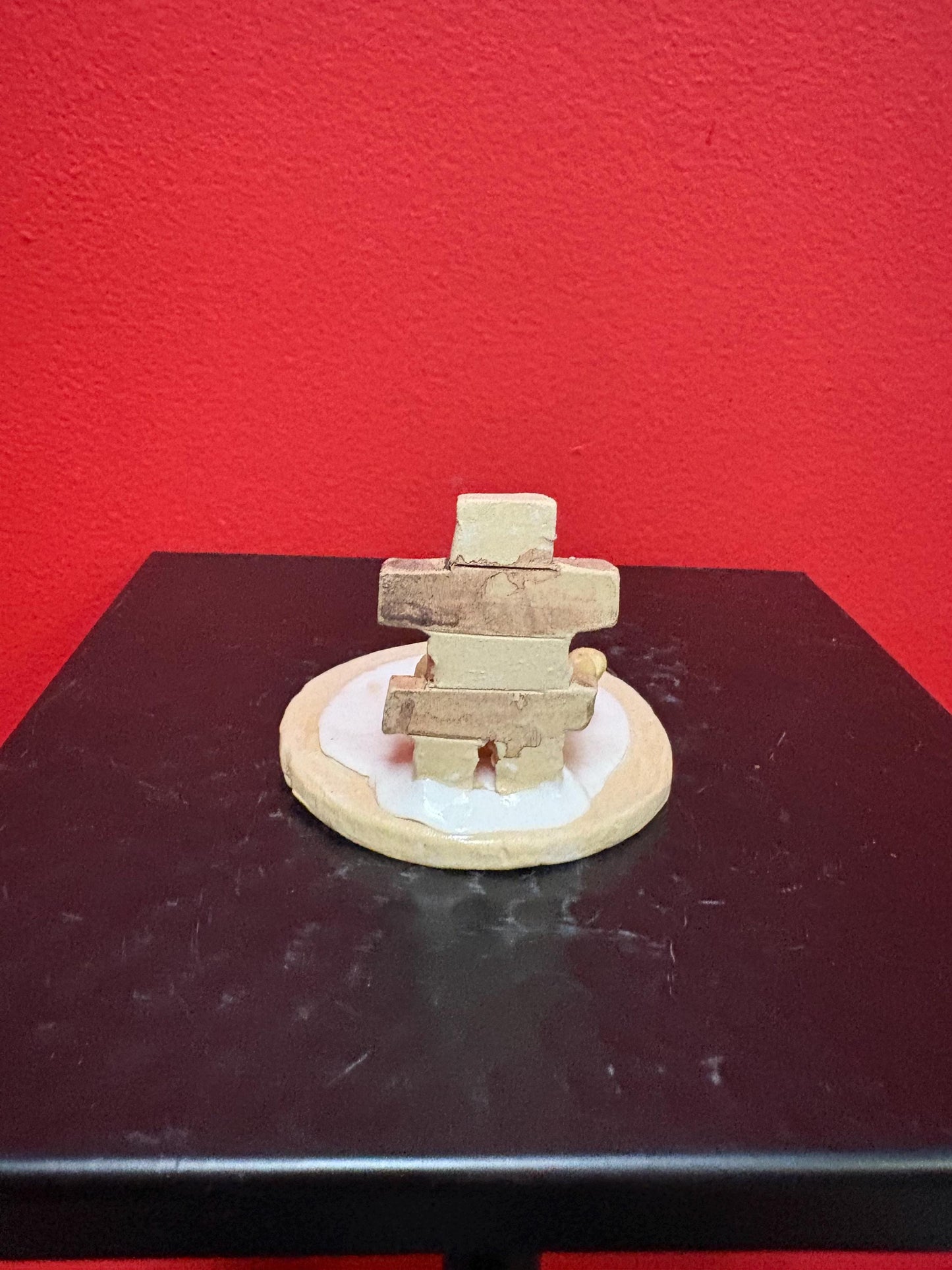 Beautiful Canadian indigenous Inuit signed clay statue of Eskimo and Inukshuk handmade  approx 3  high  perfect condition  great gift