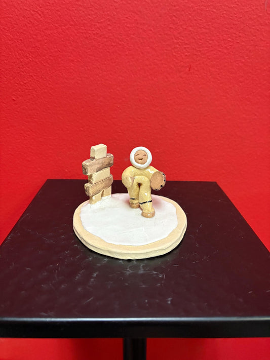 Beautiful Canadian indigenous Inuit signed clay statue of Eskimo and Inukshuk handmade  approx 3  high  perfect condition  great gift