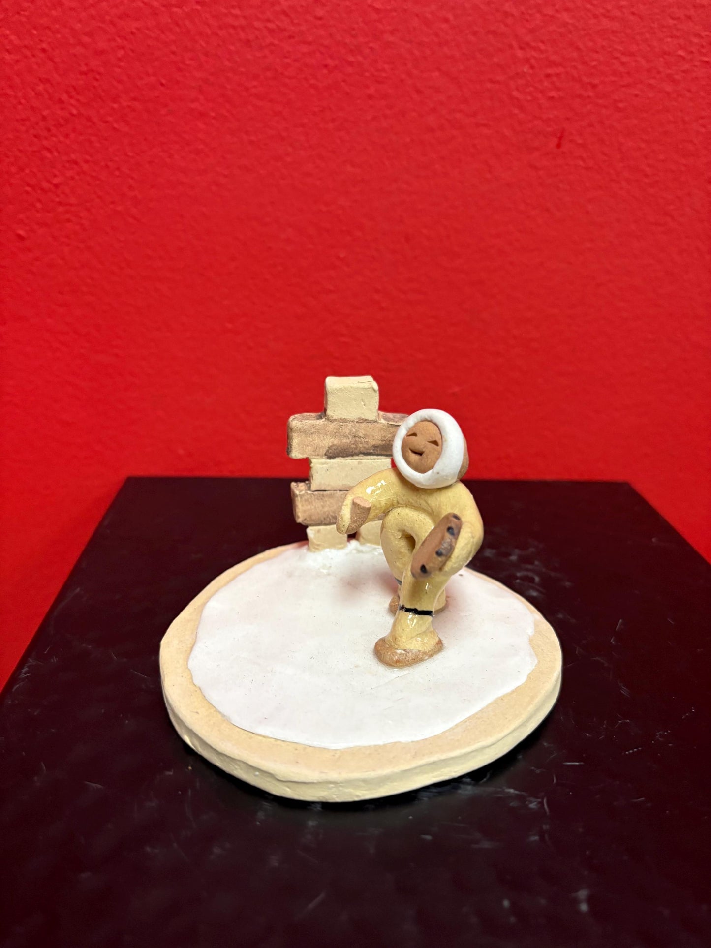 Beautiful Canadian indigenous Inuit signed clay statue of Eskimo and Inukshuk handmade  approx 3  high  perfect condition  great gift