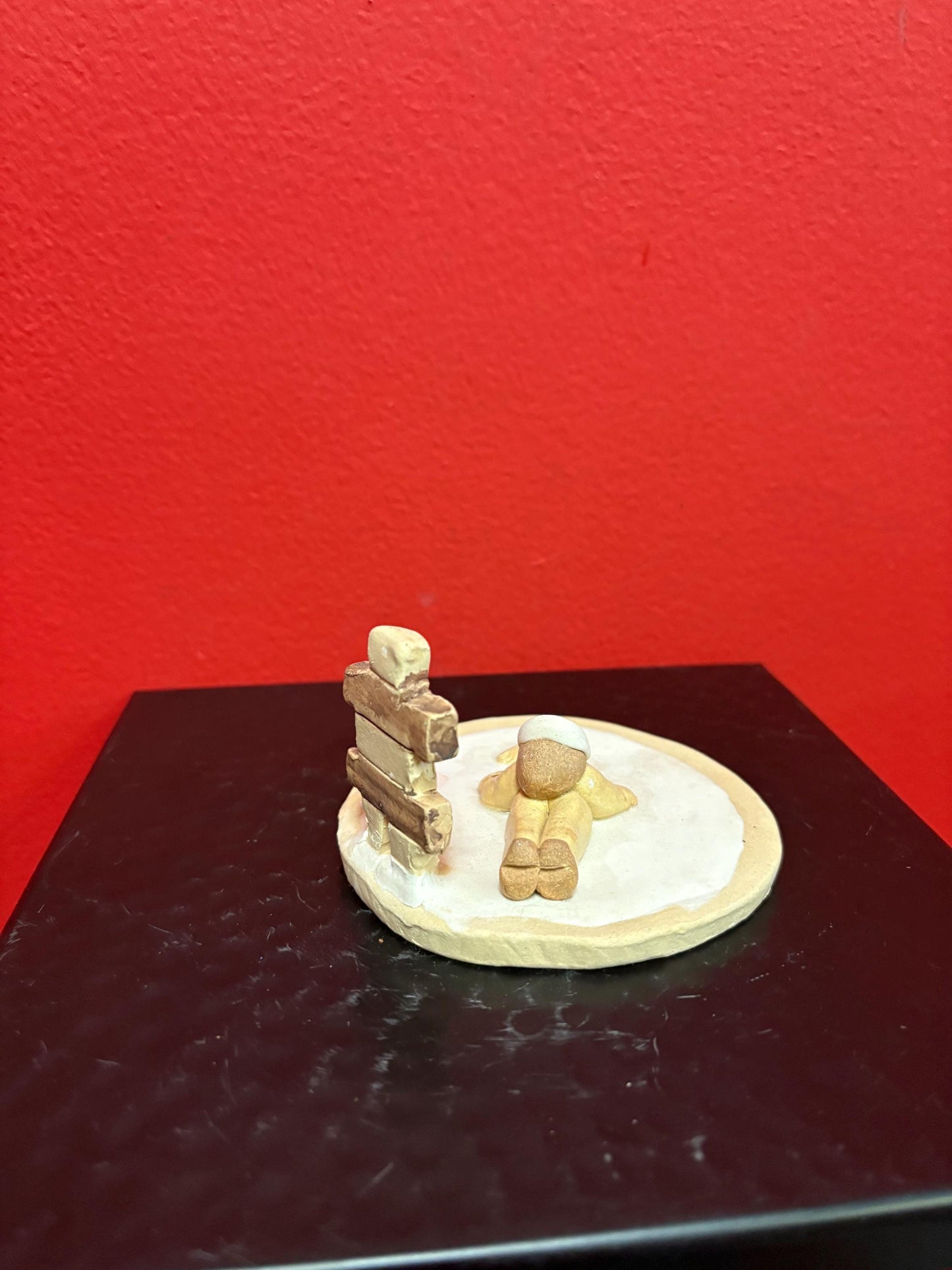 Beautiful Canadian indigenous Inuit signed clay statue of Eskimo and Inukshuk handmade  approx 3  high  perfect condition  great gift