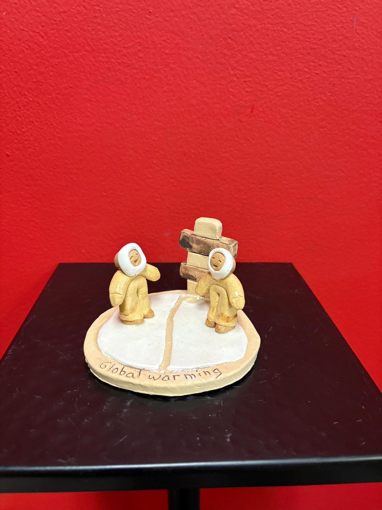 Beautiful Canadian indigenous Inuit signed clay statue of Eskimo and Inukshuk handmade  approx 3  high  perfect condition  great gift