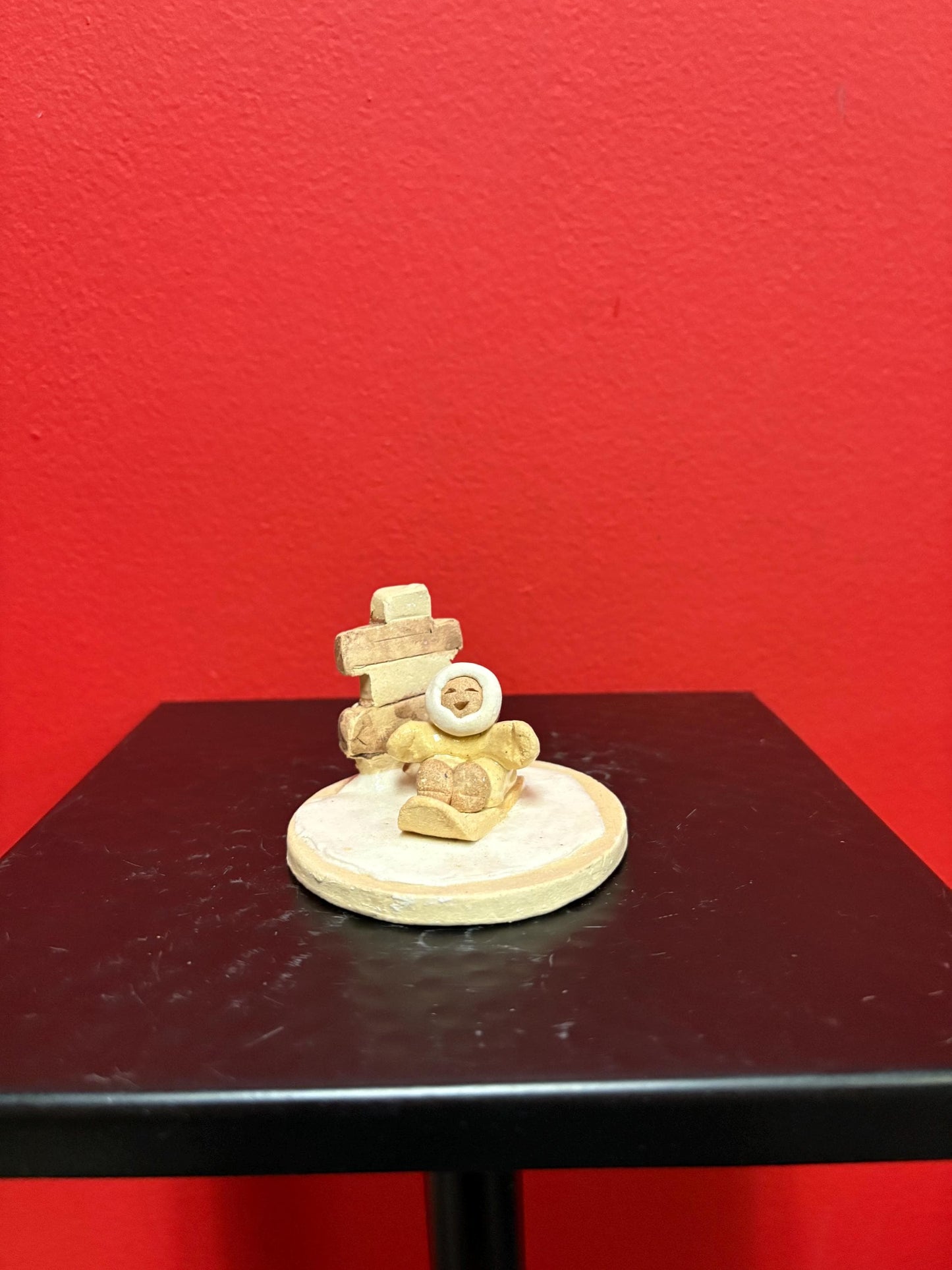 Beautiful Canadian indigenous Inuit signed clay statue of Eskimo and Inukshuk handmade  approx 3  high  perfect condition  great gift