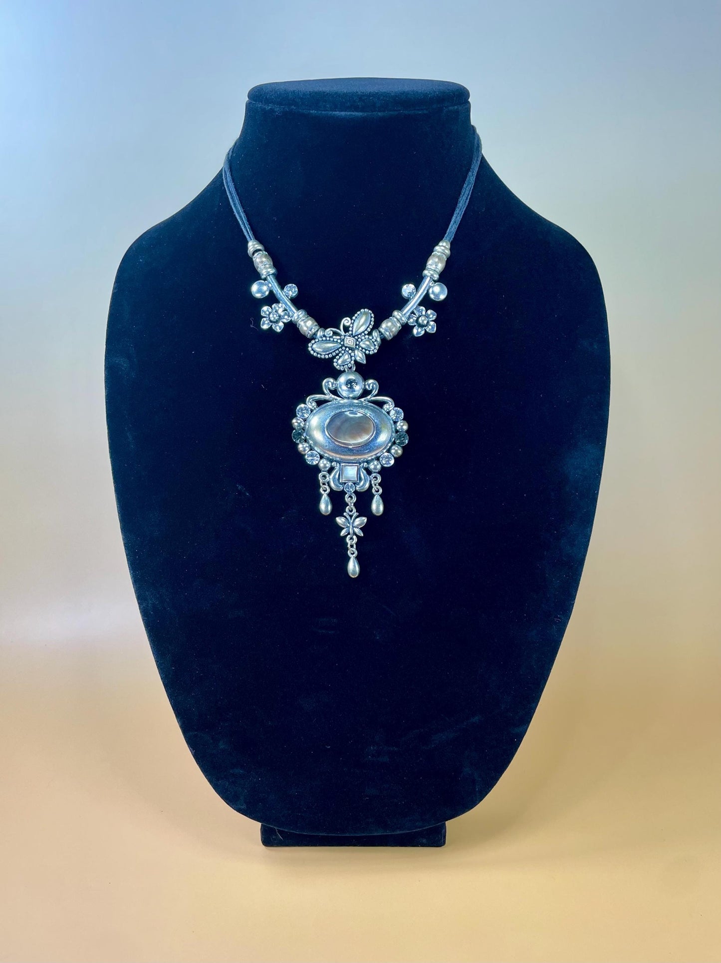 Mother of Pearl Pendant Necklace with Butterfly Accent  15 inch necklace, 3 inch Pendant