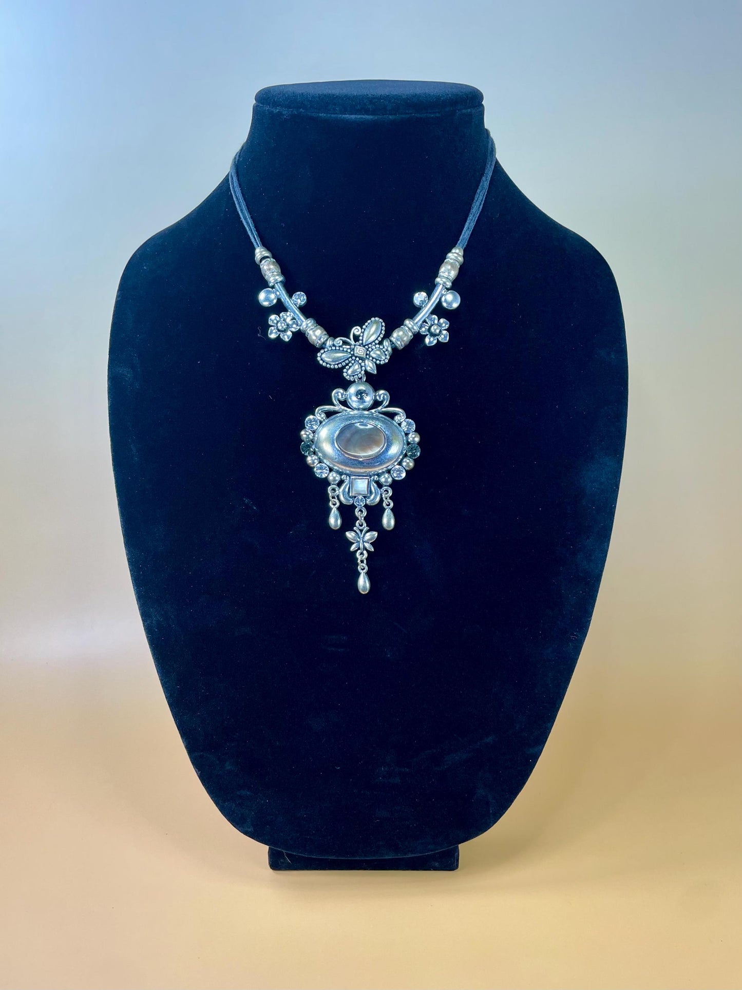 Mother of Pearl Pendant Necklace with Butterfly Accent  15 inch necklace, 3 inch Pendant