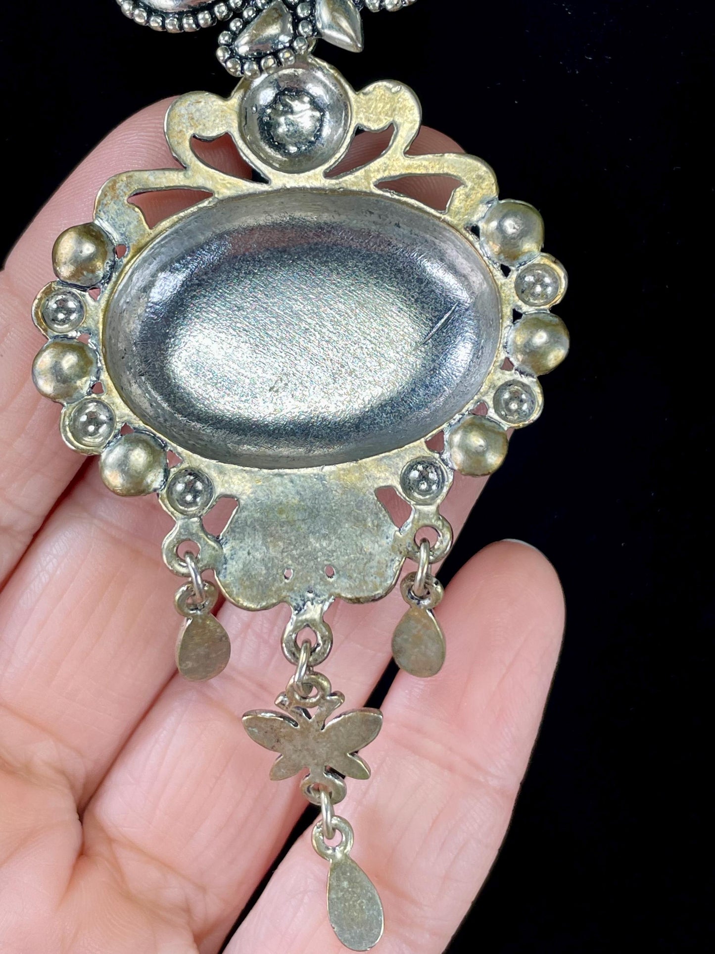 Mother of Pearl Pendant Necklace with Butterfly Accent  15 inch necklace, 3 inch Pendant