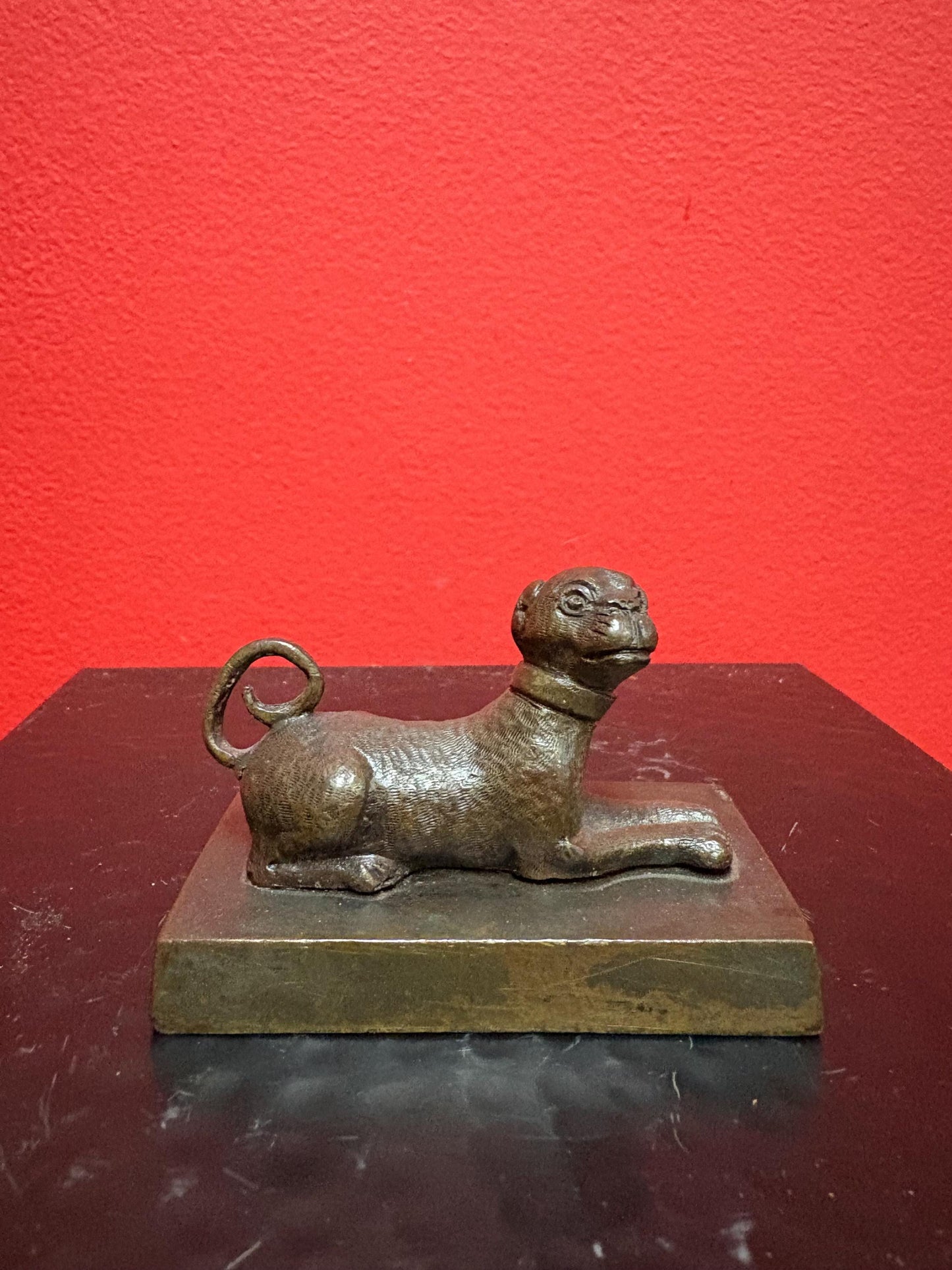 Beautiful 3 x 2 inch Asian bronze dog  great patina B