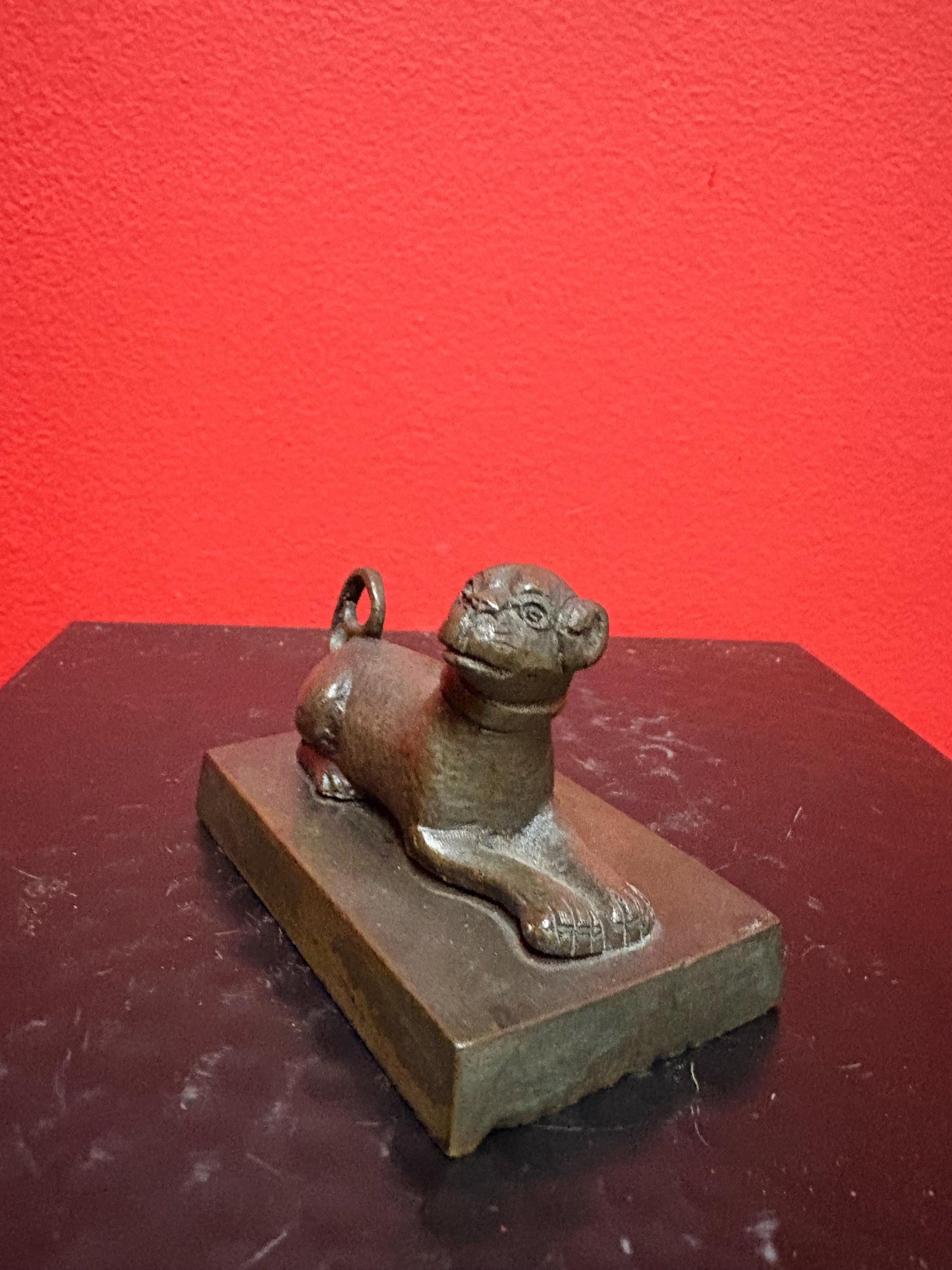 Beautiful 3 x 2 inch Asian bronze dog  great patina B