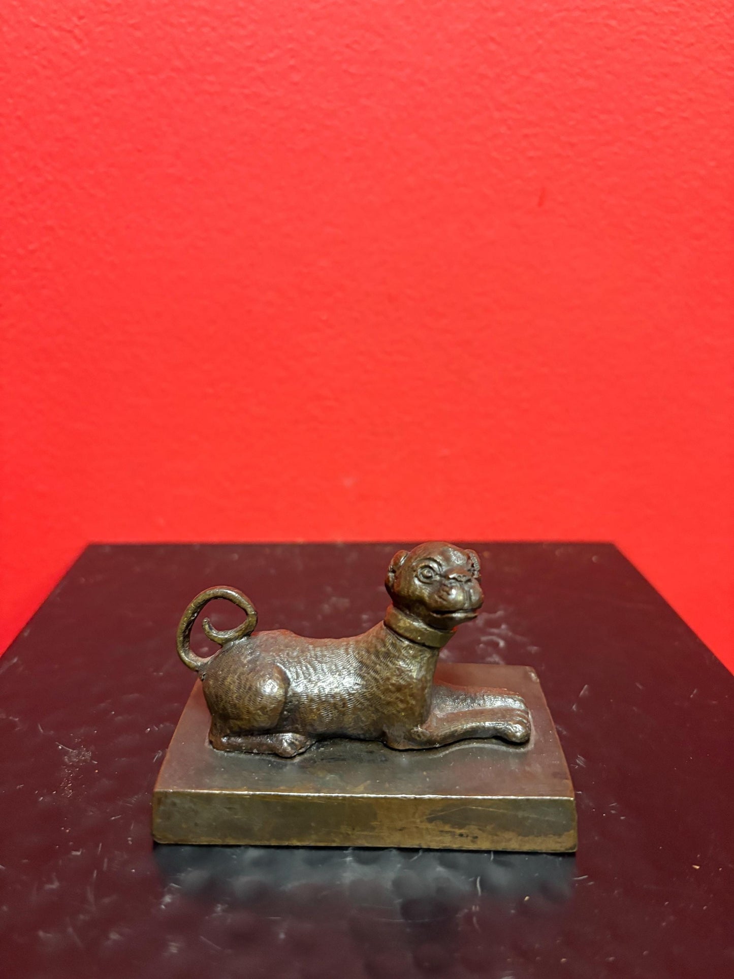 Beautiful 3 x 2 inch Asian bronze dog  great patina B