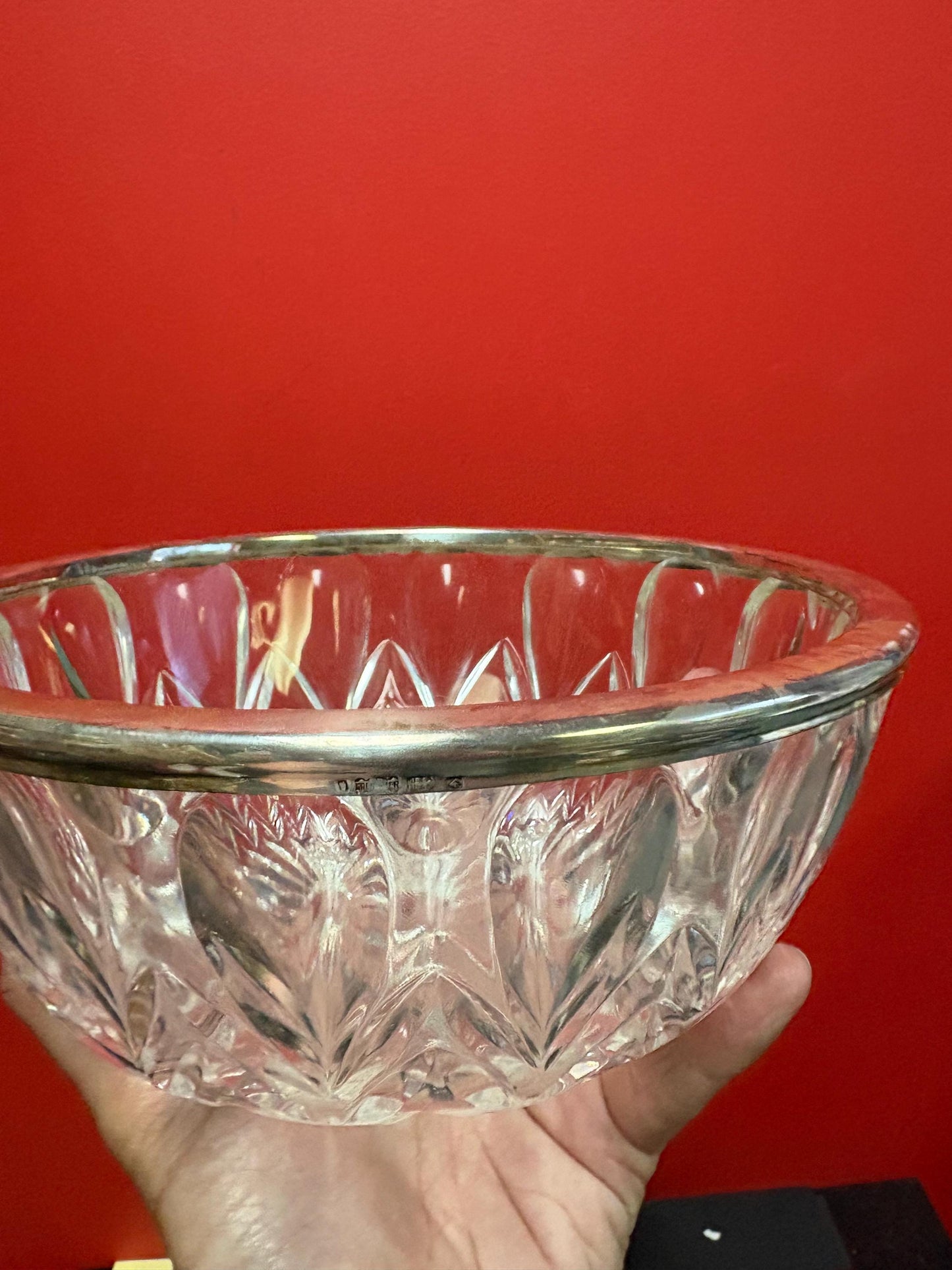 Beautiful European silver rimmed crystal bowl wonderful gift  great condition great value  8 1/2 x 3 high