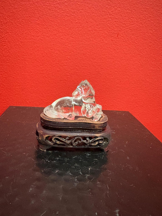 Lovely 2 inch long Chinese rock crystal horse on carved wooden stand