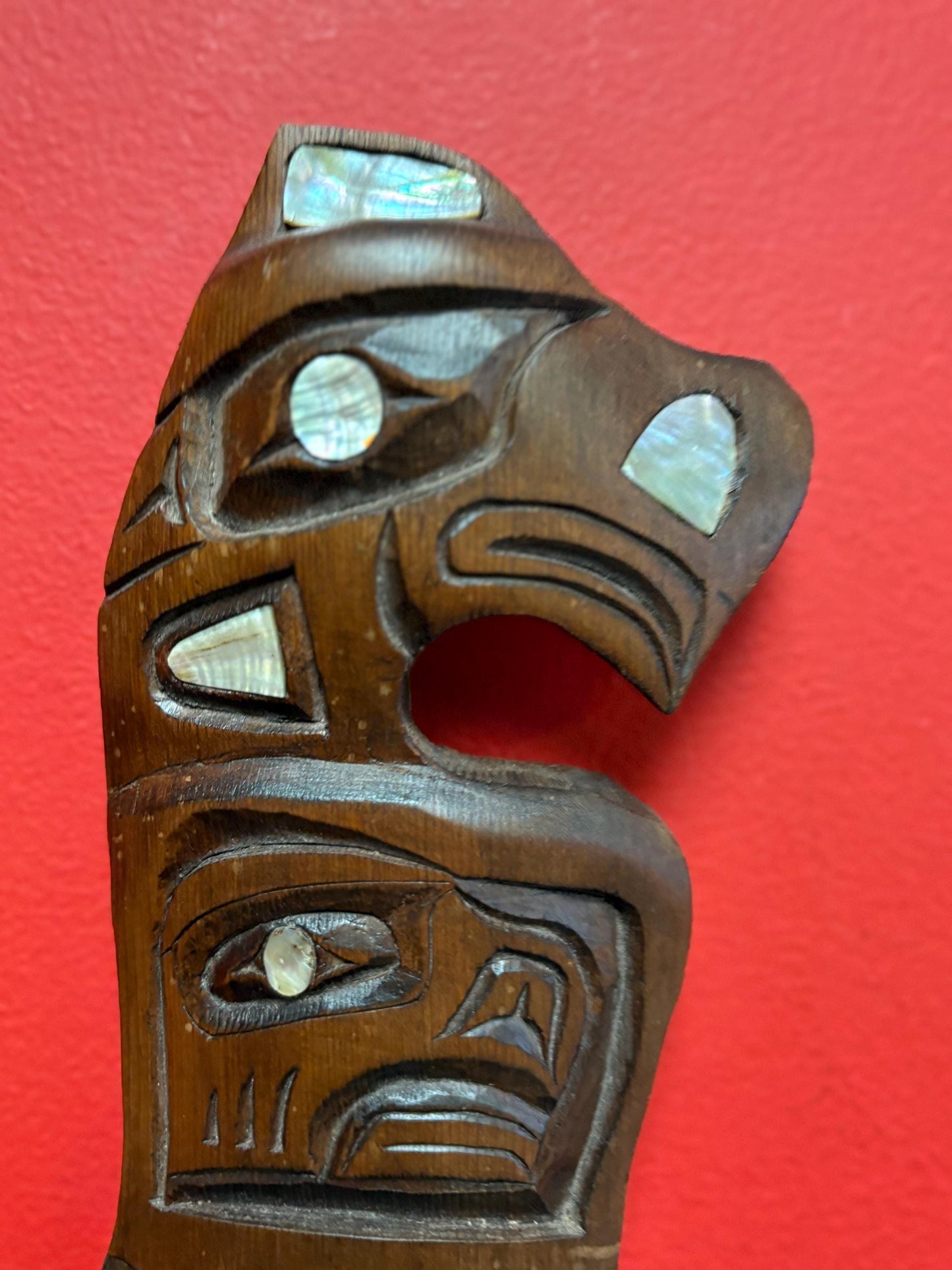 Beautiful indigenous 12 x 5 wide first nations pacific north West Coast Eagle transformation plaque with abalone accents  unsigned