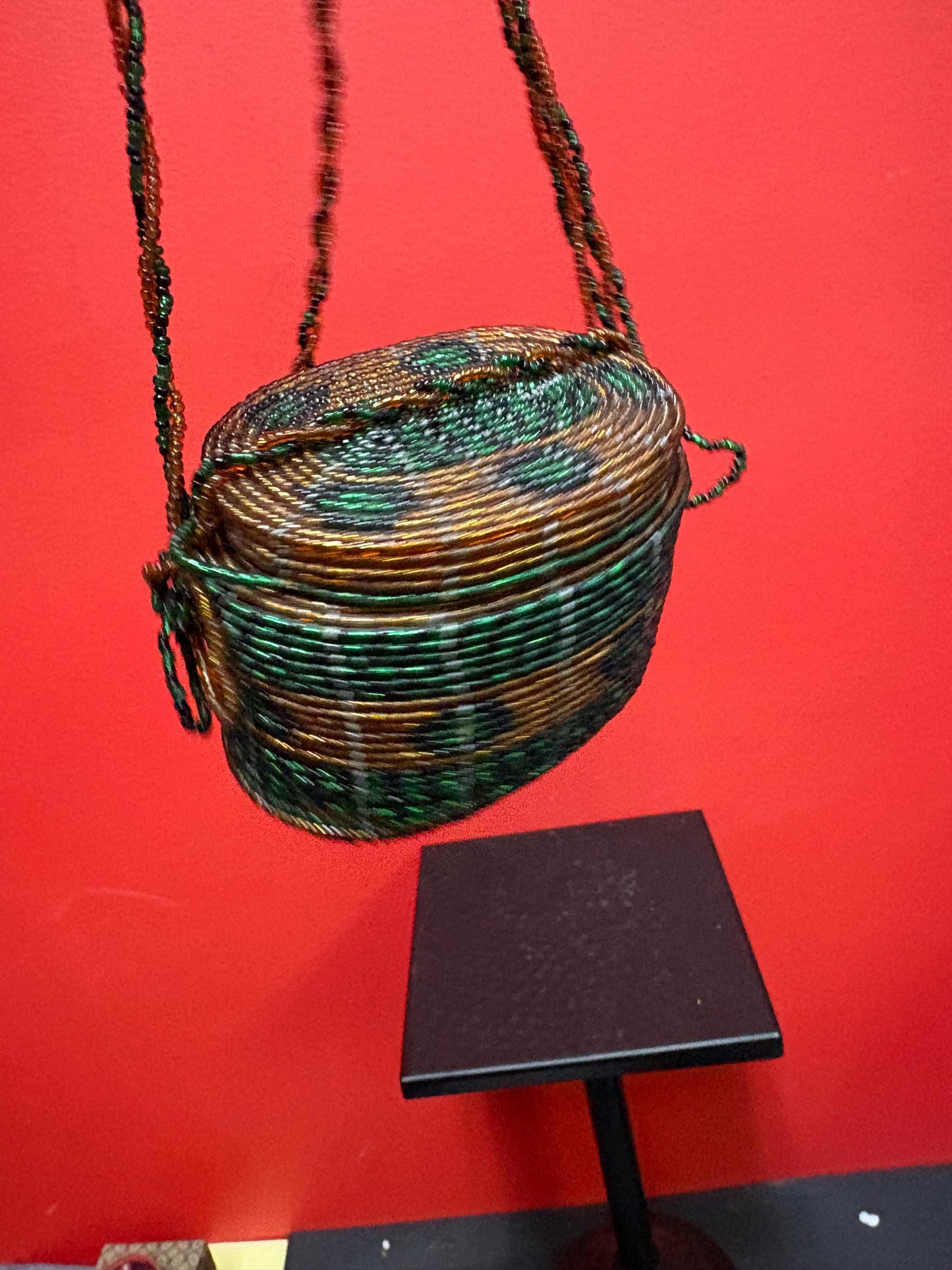 Unusual indigenous first nations 3 1/2 x 3 high beaded basket in great condition  wonderful detail  great gift or for collection