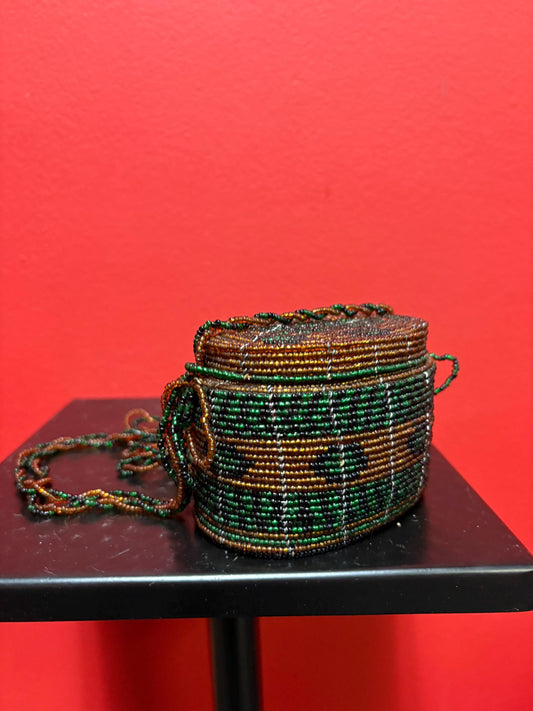 Unusual indigenous first nations 3 1/2 x 3 high beaded basket in great condition  wonderful detail  great gift or for collection