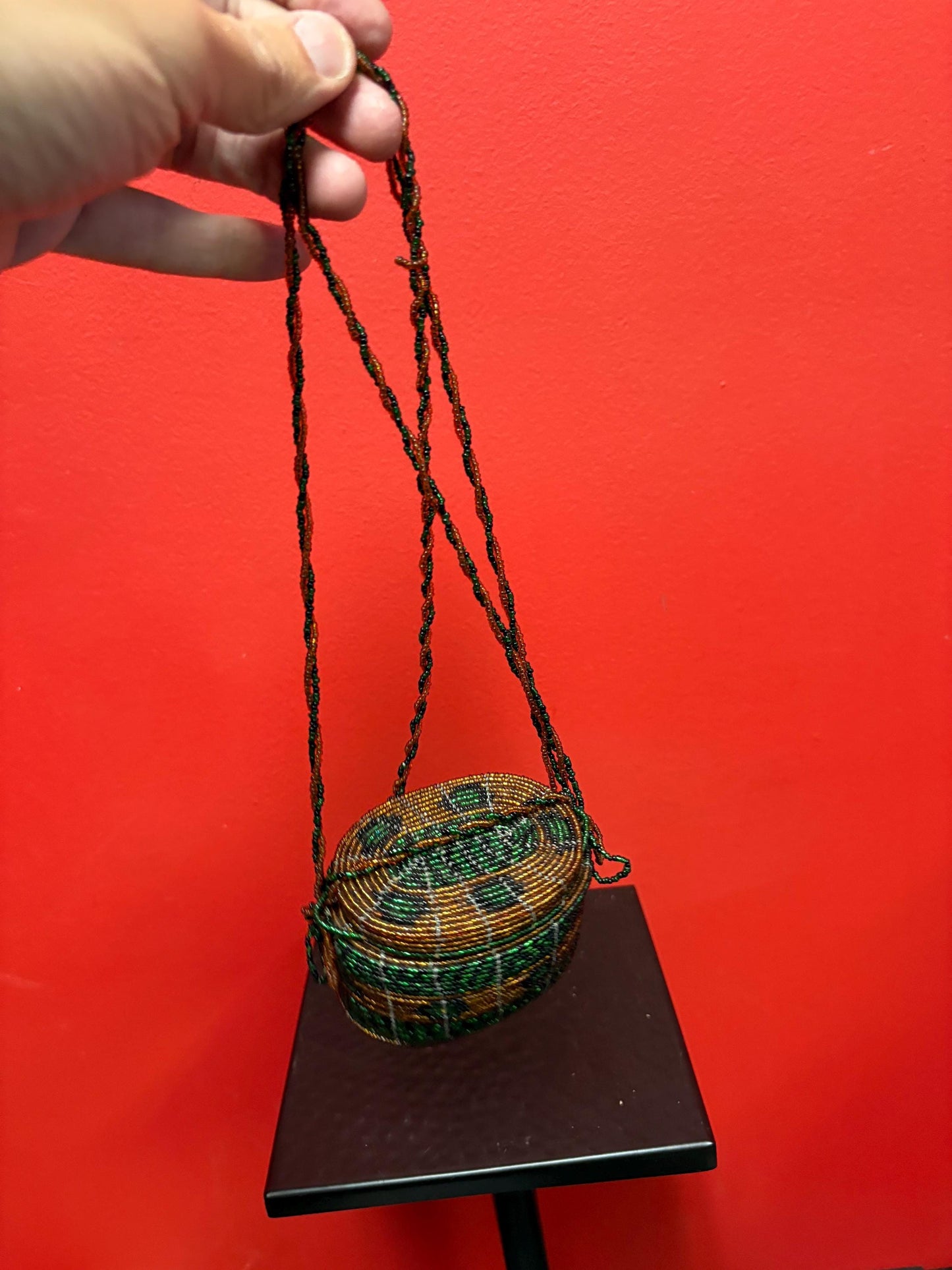 Unusual indigenous first nations 3 1/2 x 3 high beaded basket in great condition  wonderful detail  great gift or for collection