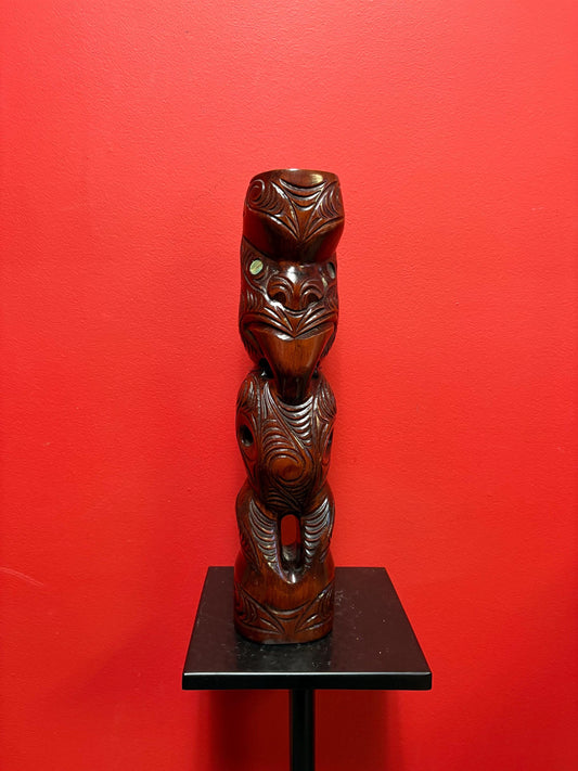 Beautiful vintage 15 x 3 wide New Zealand Maori statue with Abalone eyes  fabulous detail and size  ready to hang or stand
