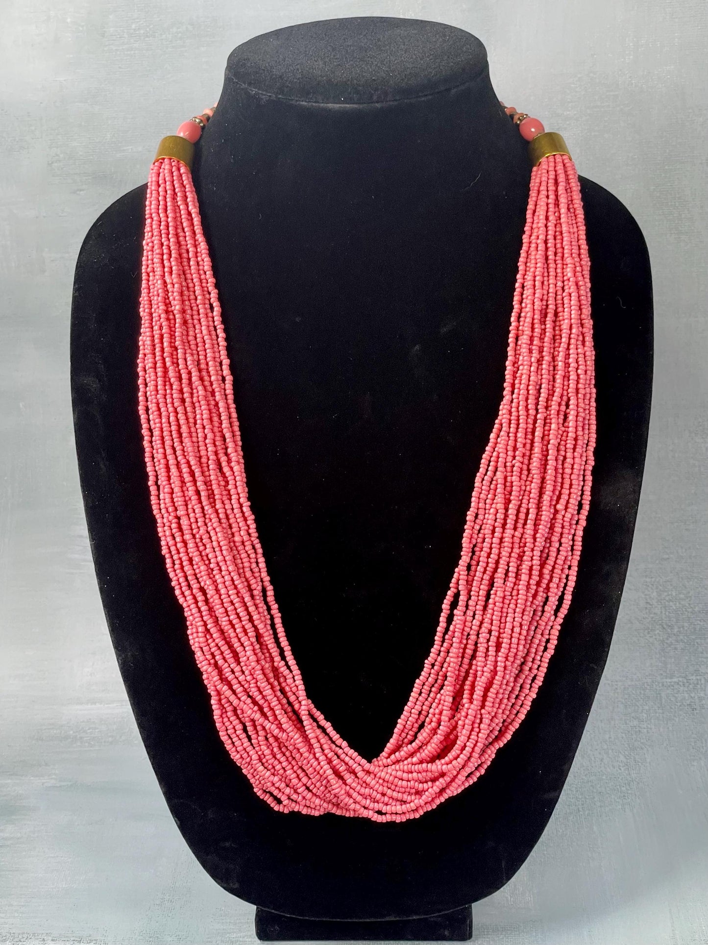 Gorgeous Salmon Coloured Beaded, Layered Necklace with Gold-toned Accents