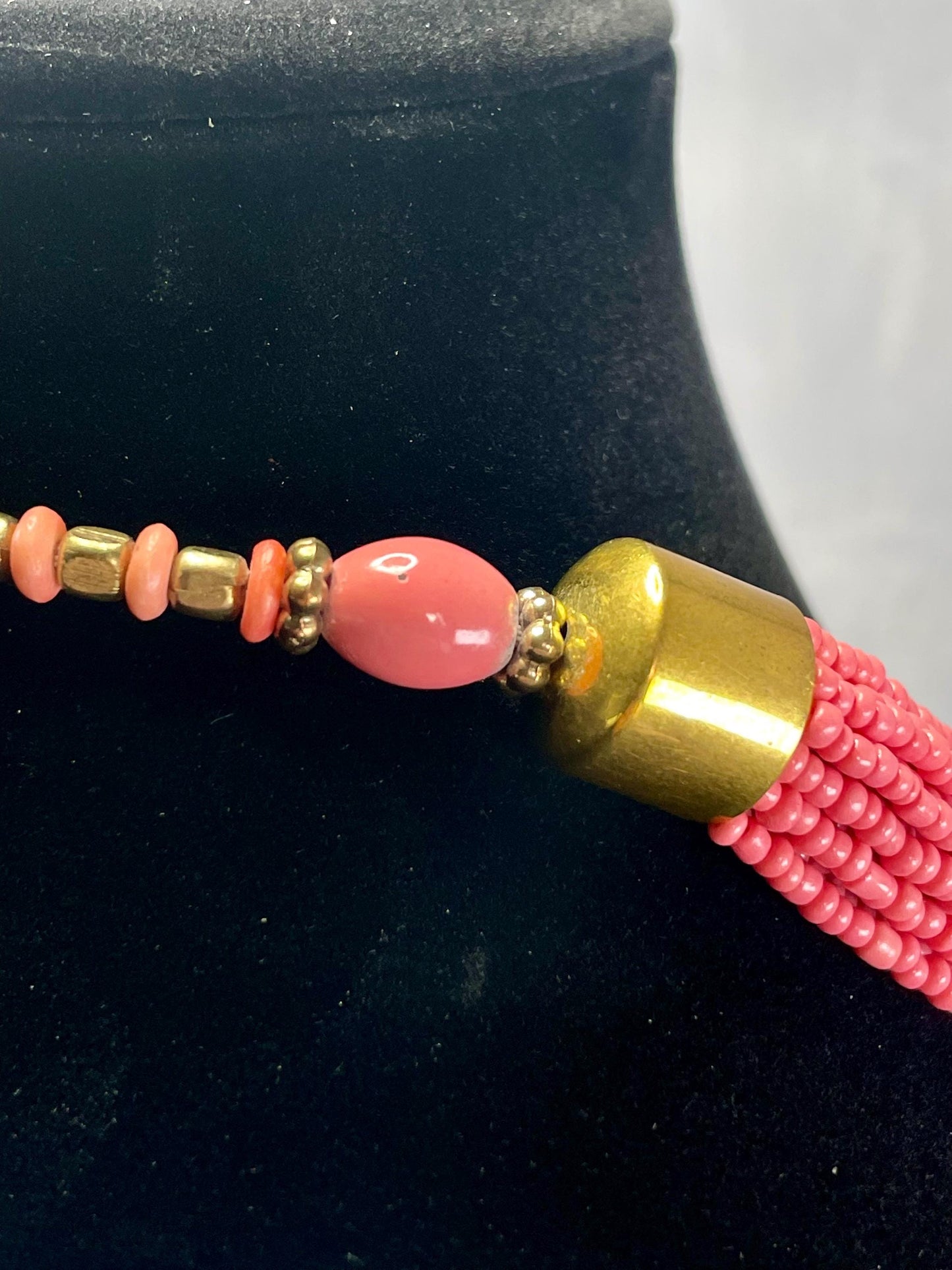 Gorgeous Salmon Coloured Beaded, Layered Necklace with Gold-toned Accents
