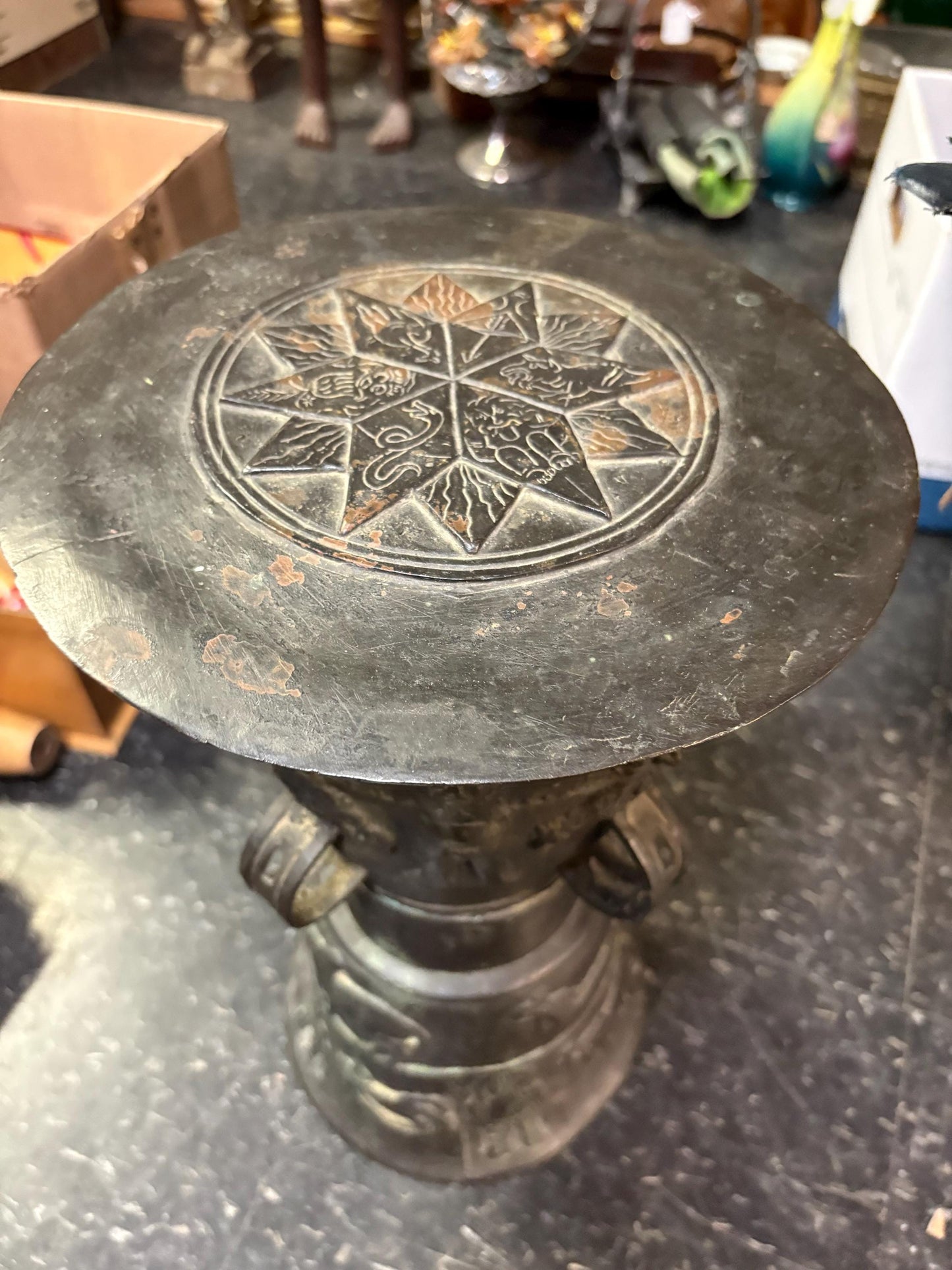 Amazing Southeast Asian bronze rain drum   antique museum quality 16 inches tall  wow  great patina