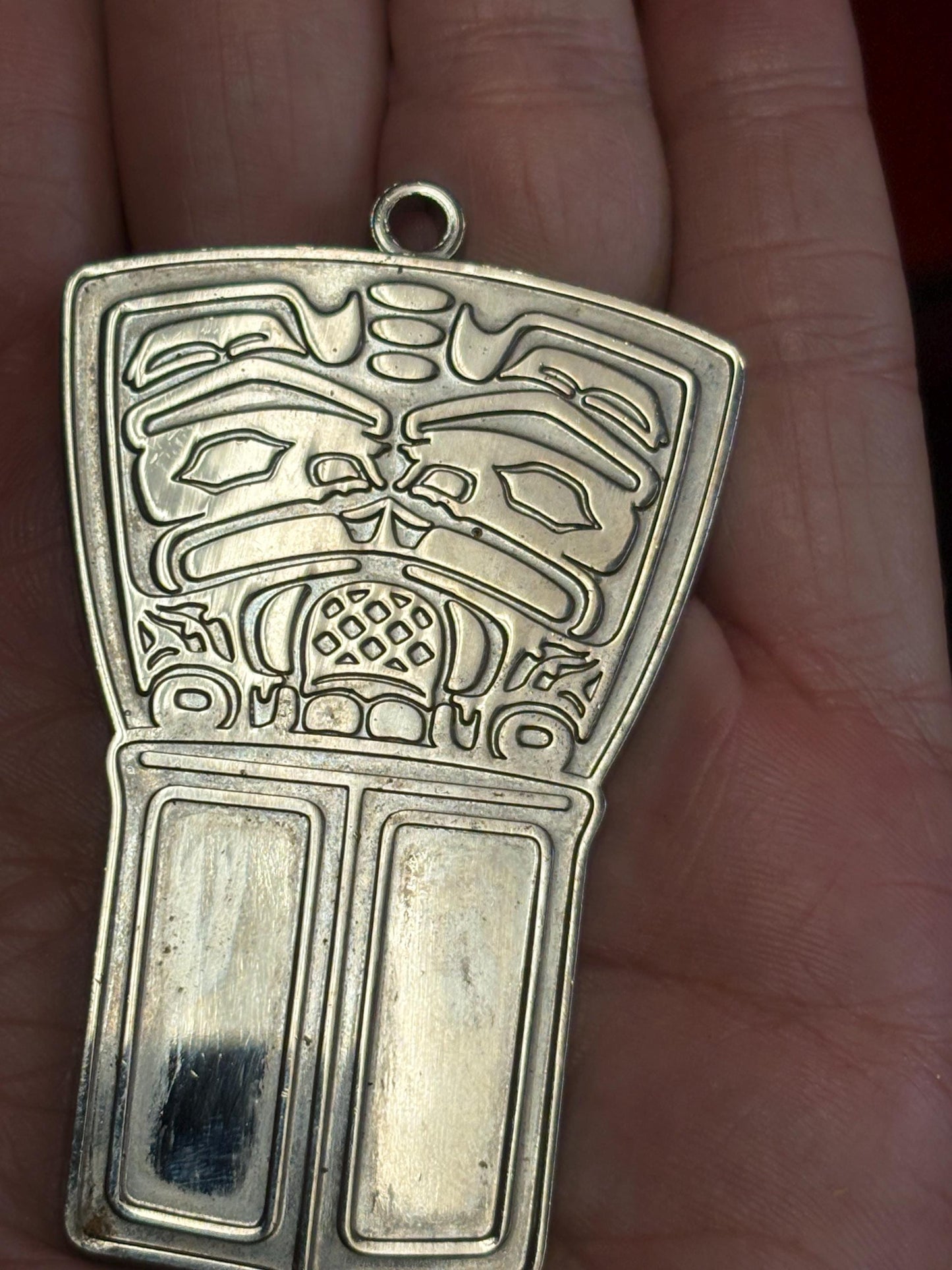 Amazing heavy unsigned, silver indigenous first nation Pacific Northwest coast  “copper pendant  great detail 3 inches tall